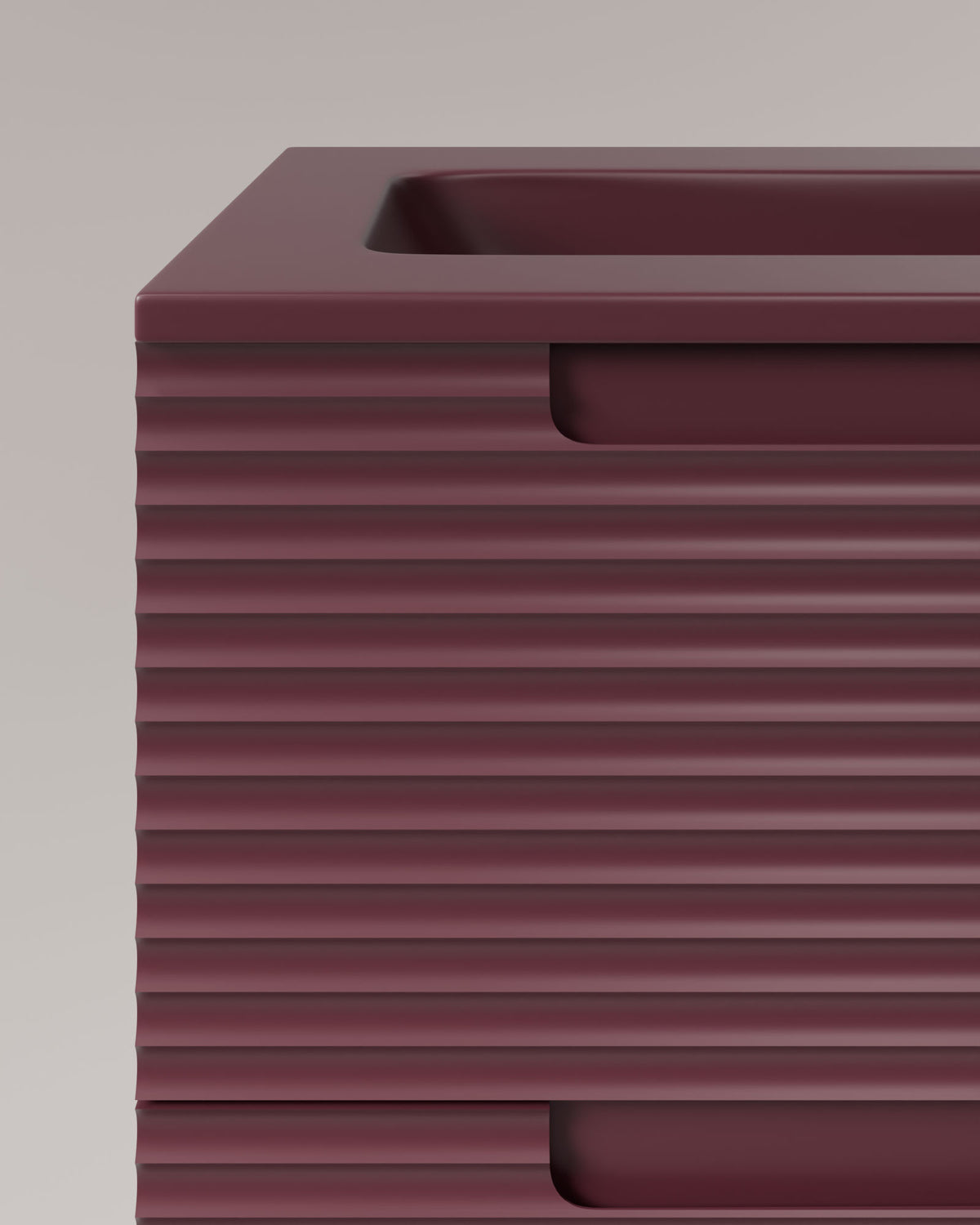 Kairo 2 Schubladen Bordeaux – mit Möbelwaschtisch Meira Bordeaux, Schürze 2 cm, mit Hahnloch, Detailansicht