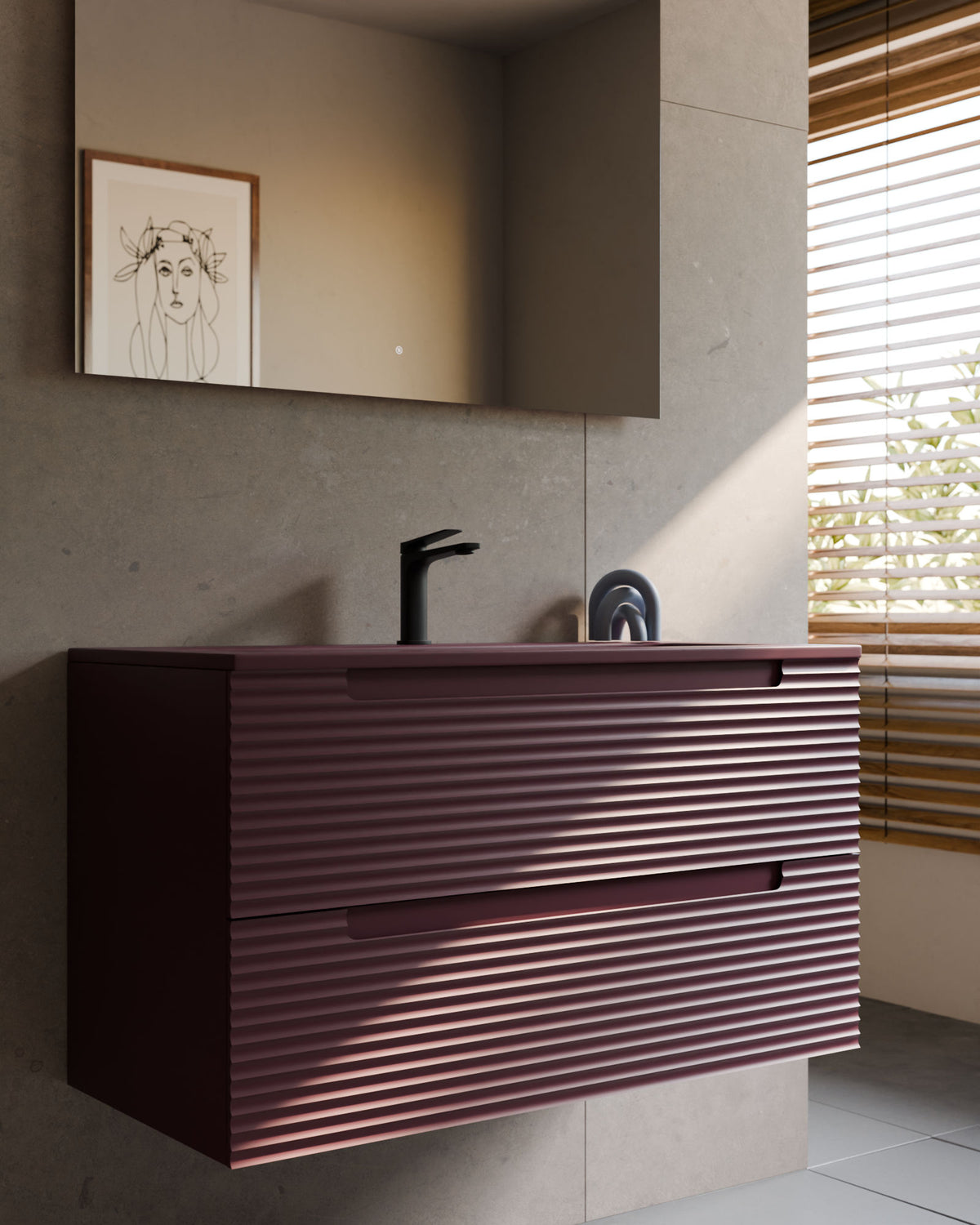 Kairo 2 Schubladen Bordeaux – mit Möbelwaschtisch Meira Bordeaux, Schürze 2 cm, mit Hahnloch, Nahaufnahme