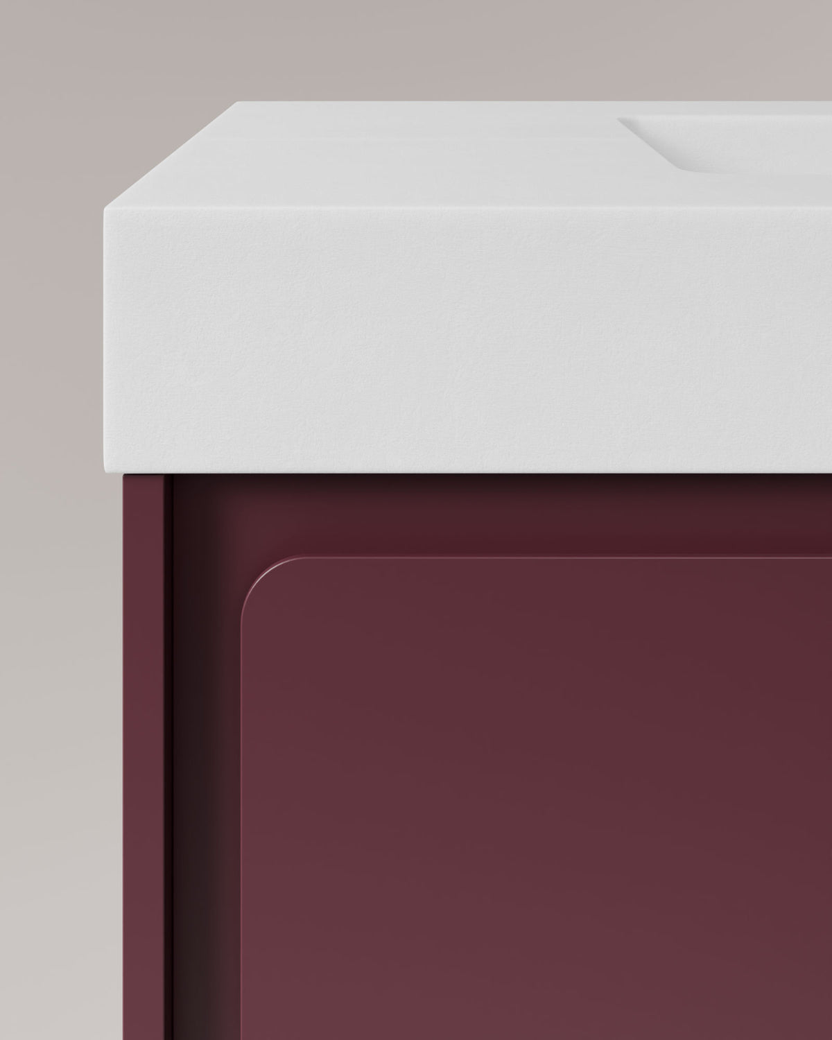 Cyra 2 tiroirs Bordeaux Bordeaux – avec plan vasque Toren Blanc, Tablier 10 cm, sans trou de robinet, vue de détail