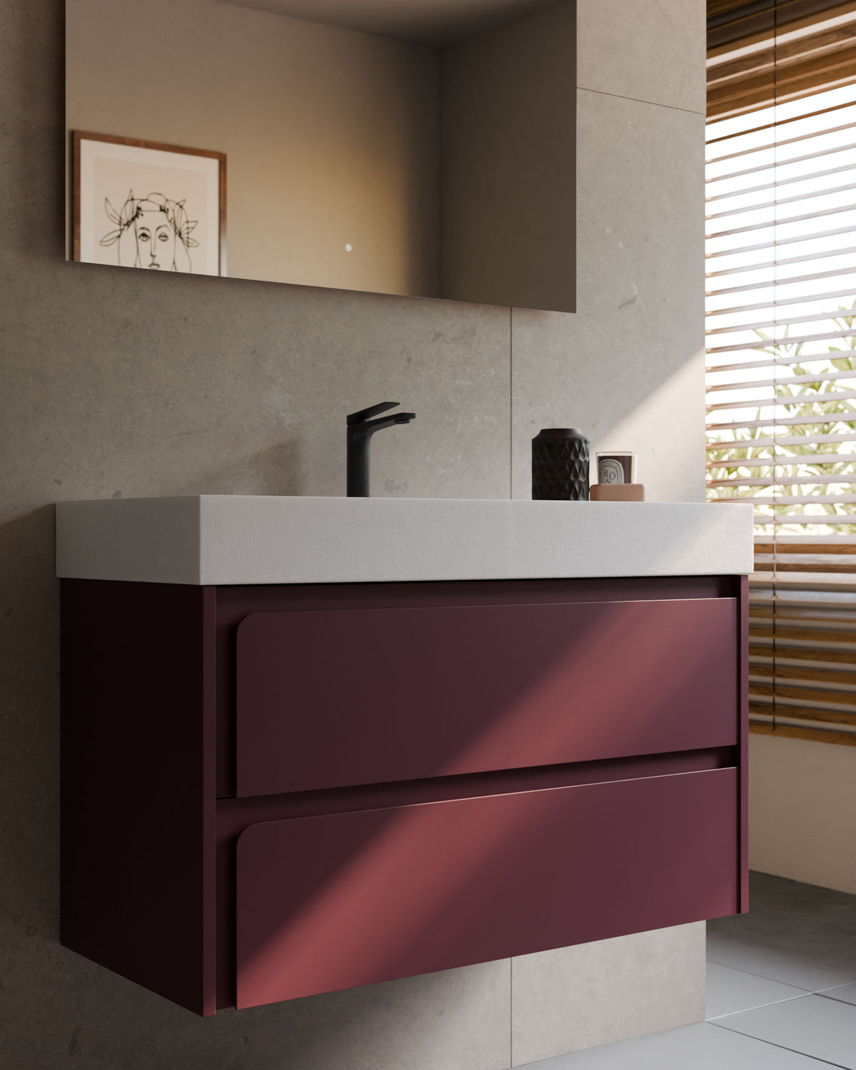 Cyra 2 tiroirs Bordeaux Bordeaux – avec plan vasque Toren Blanc, Tablier 10 cm, avec trou de robinet, gros plan