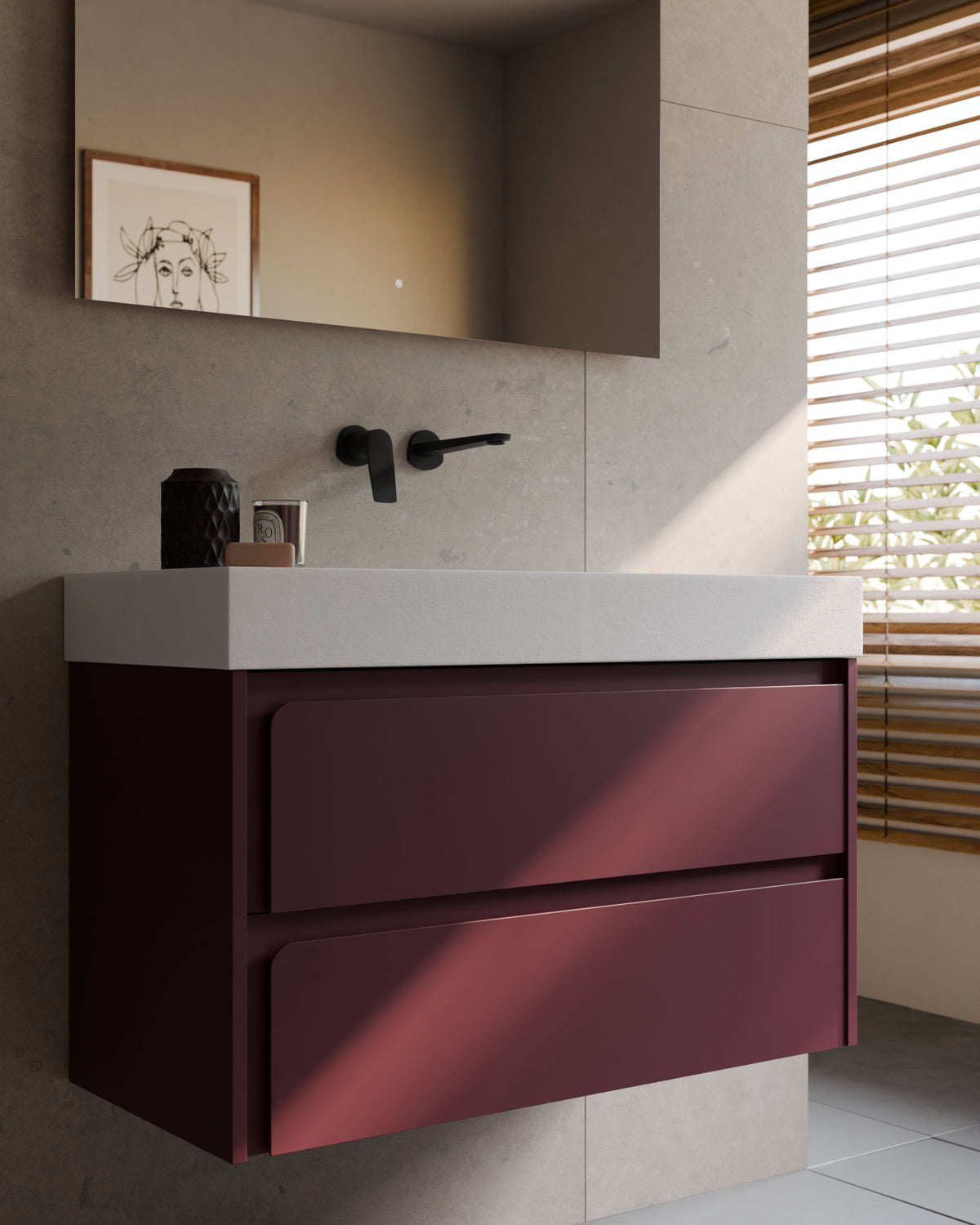 Cyra 2 tiroirs Bordeaux Bordeaux – avec plan vasque Toren Blanc, Tablier 10 cm, sans trou de robinet, gros plan