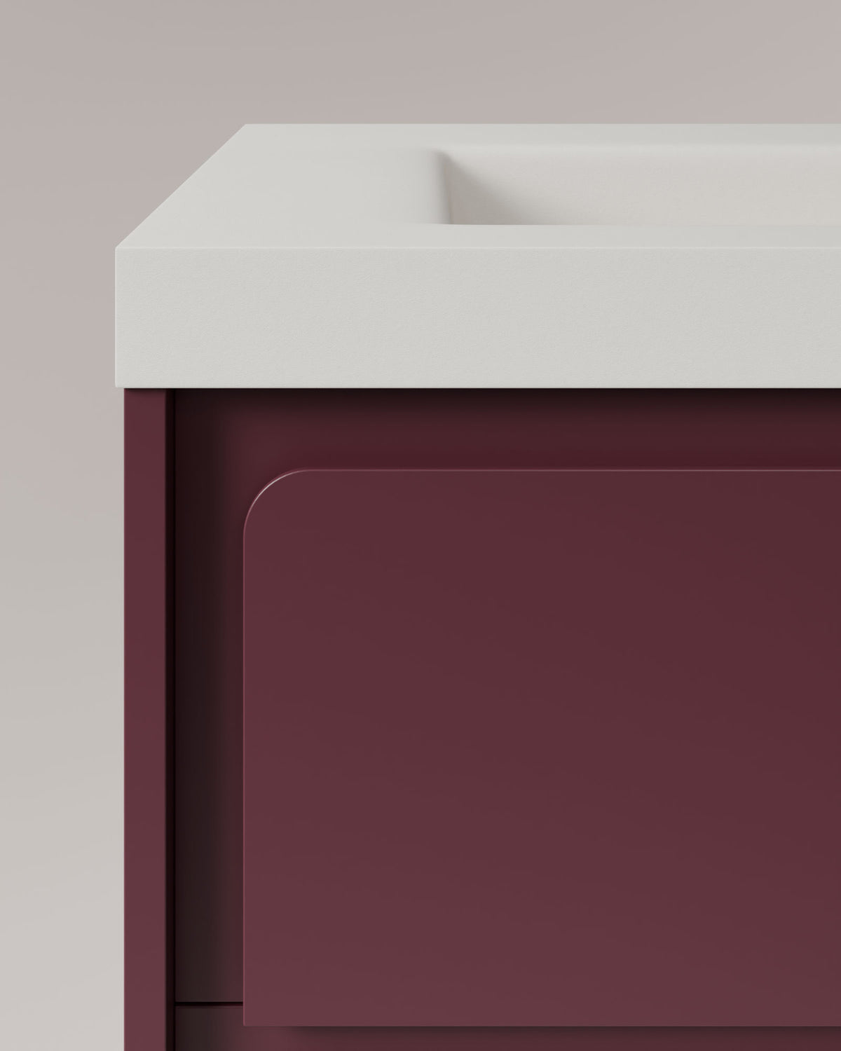 Cyra 2 tiroirs Bordeaux Bordeaux – avec plan vasque Ardelia Blanc, Tablier 6 cm, avec trou de robinet, vue de détail