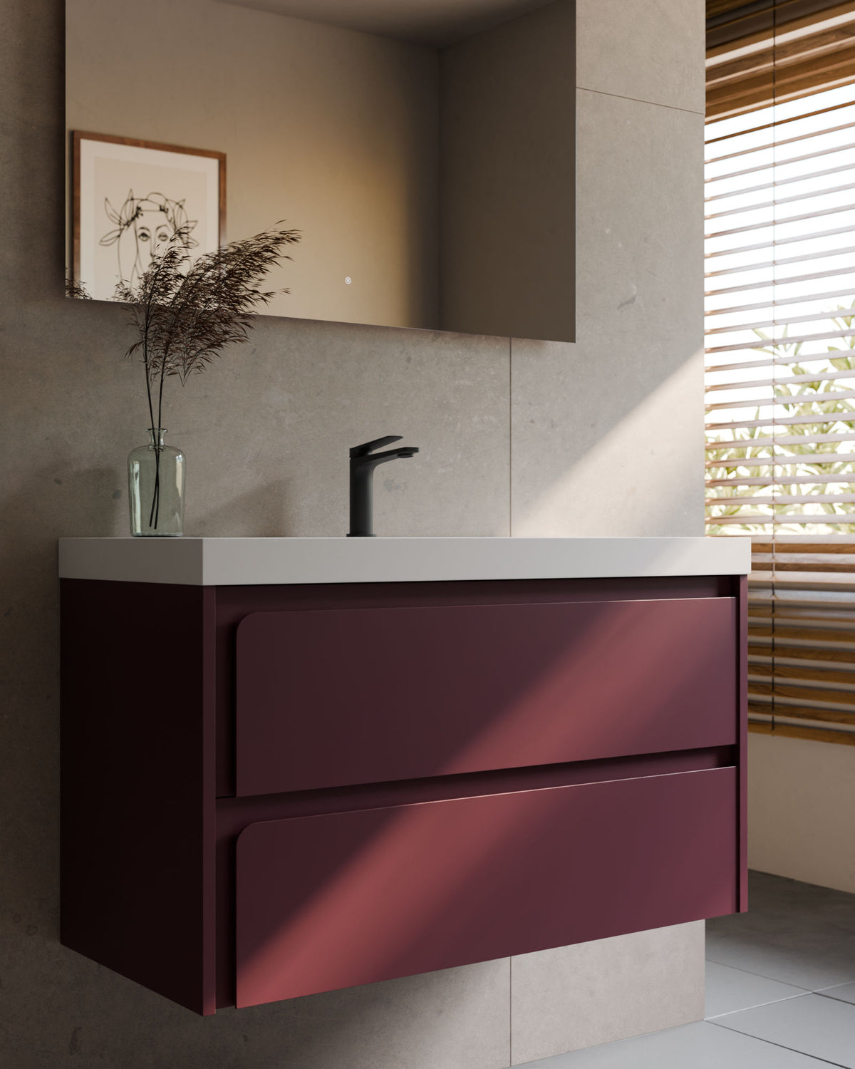 Cyra 2 tiroirs Bordeaux Bordeaux – avec plan vasque Ardelia Blanc, Tablier 6 cm, avec trou de robinet, gros plan