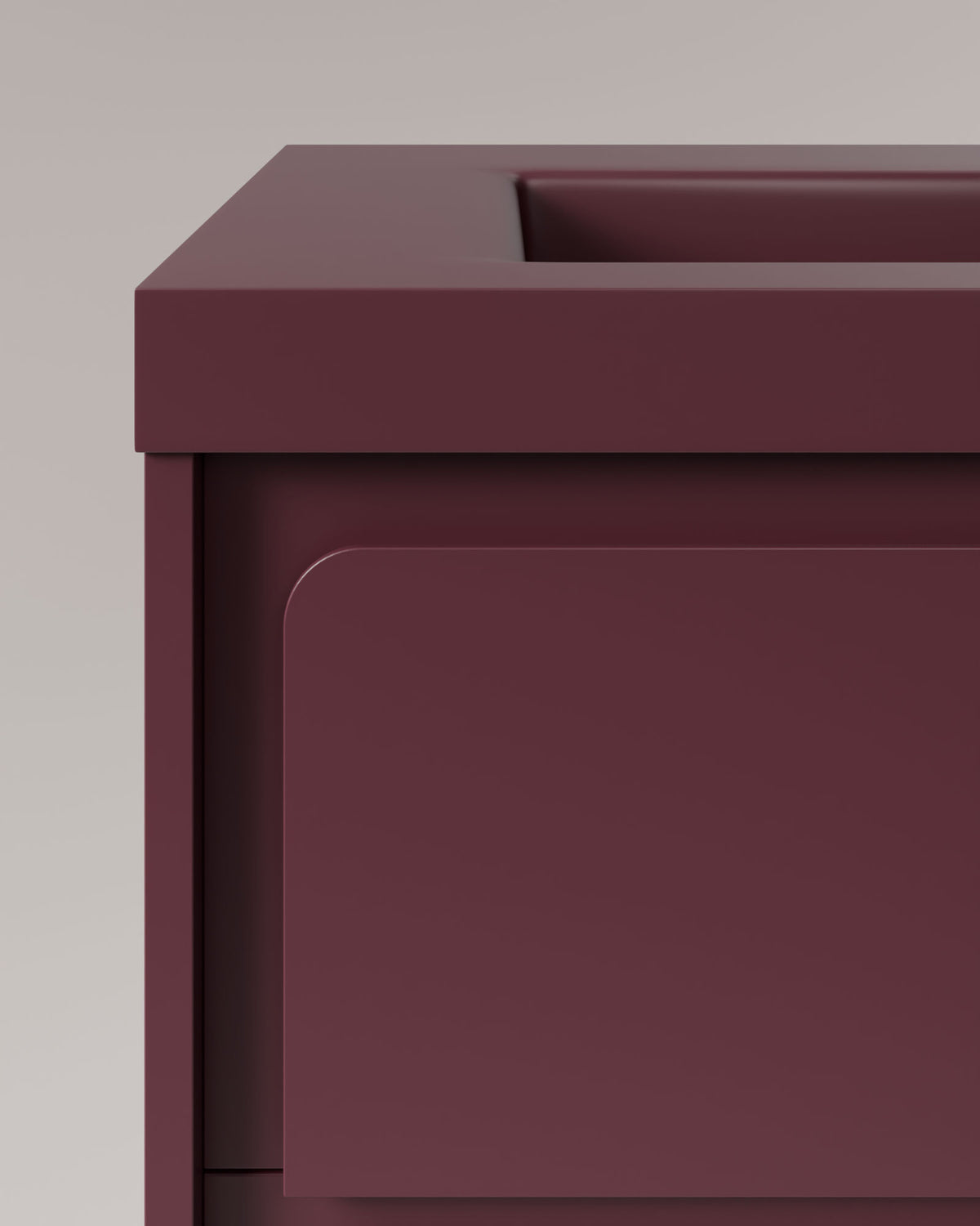 Cyra 2 tiroirs Bordeaux Bordeaux – avec plan vasque Ardelia Bordeaux, Tablier 6 cm, avec trou de robinet, vue de détail