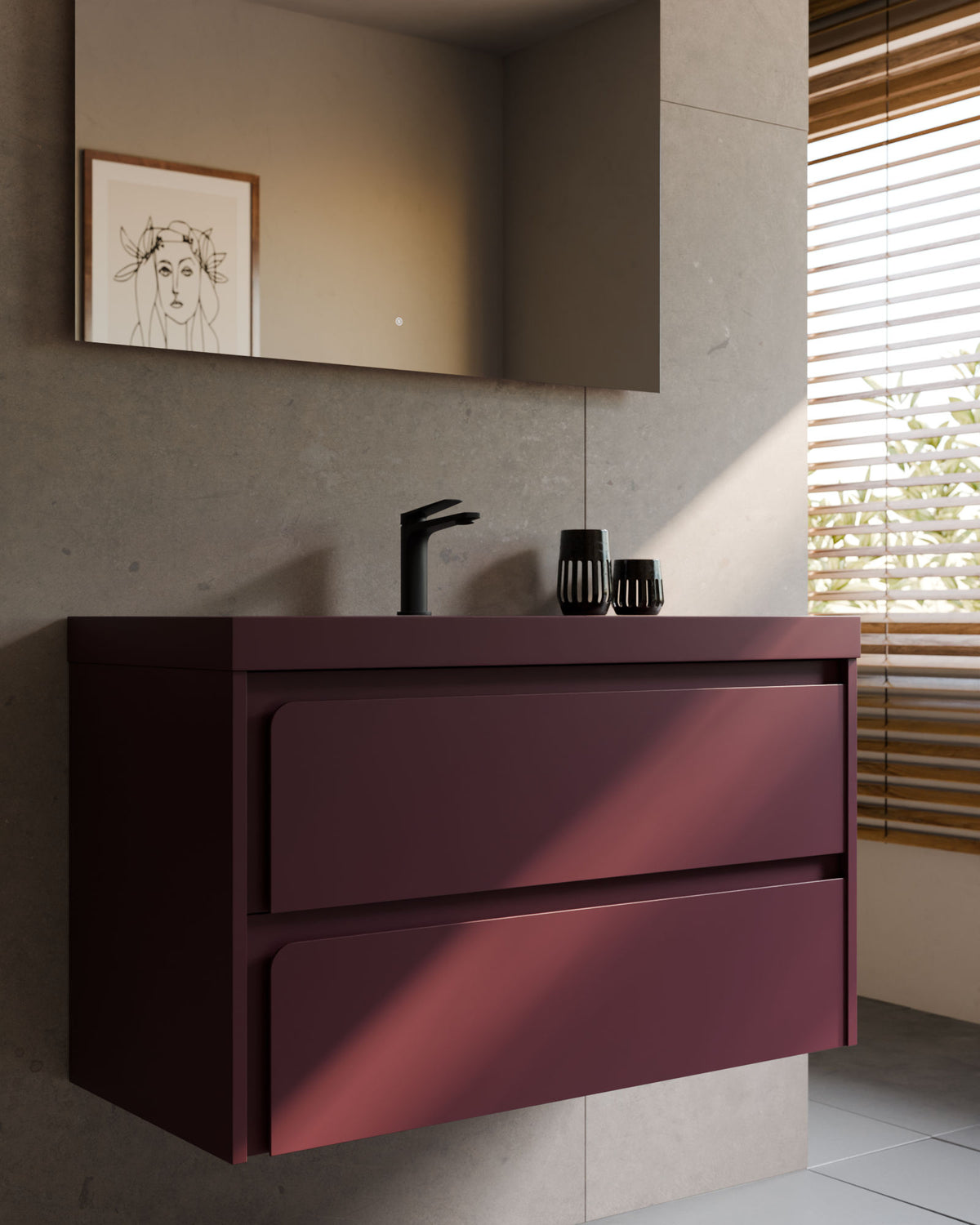 Cyra 2 tiroirs Bordeaux Bordeaux – avec plan vasque Ardelia Bordeaux, Tablier 6 cm, avec trou de robinet, gros plan