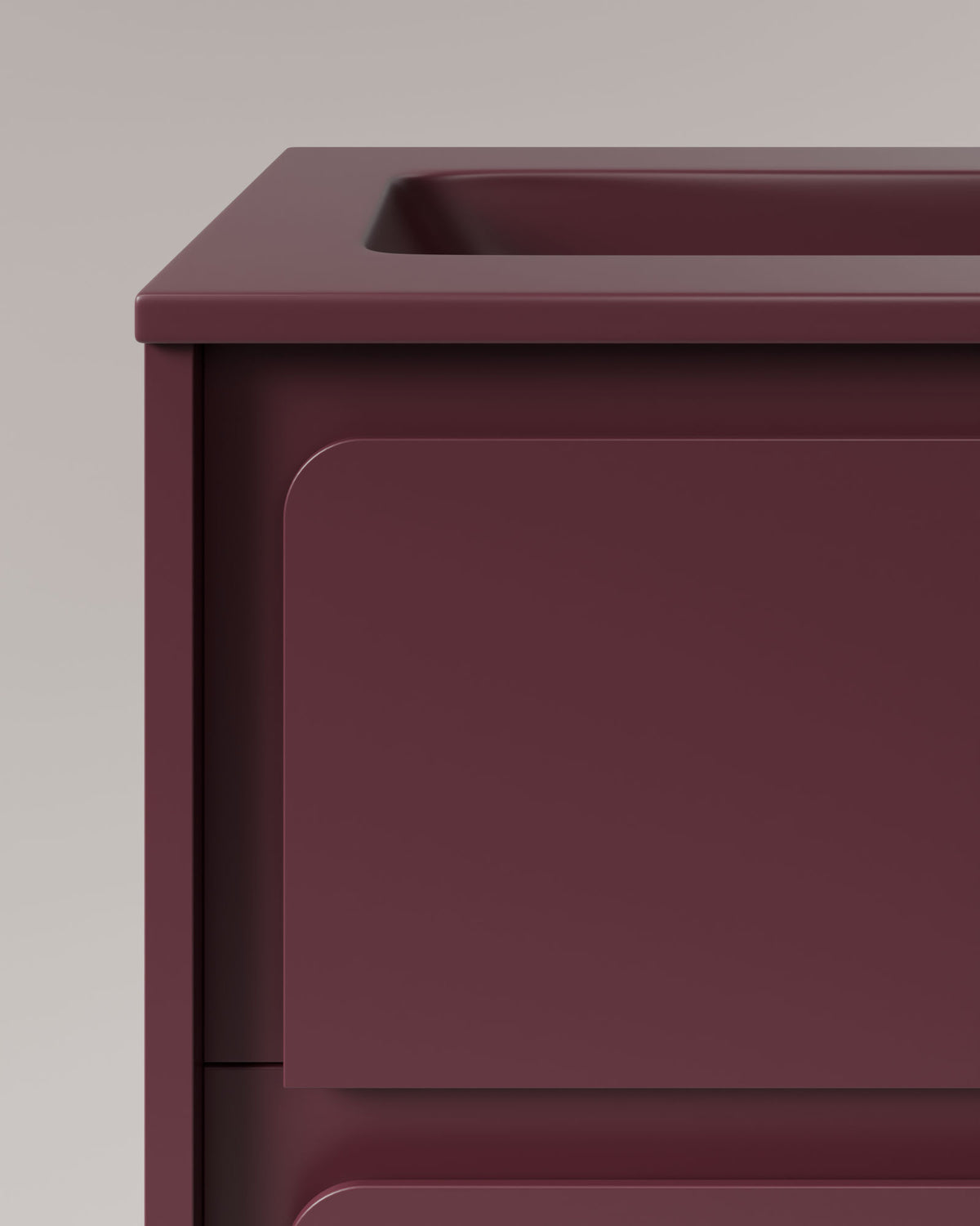 Cyra 2 tiroirs Bordeaux Bordeaux – avec plan vasque Meira Bordeaux, Tablier 2 cm, avec trou de robinet, vue de détail