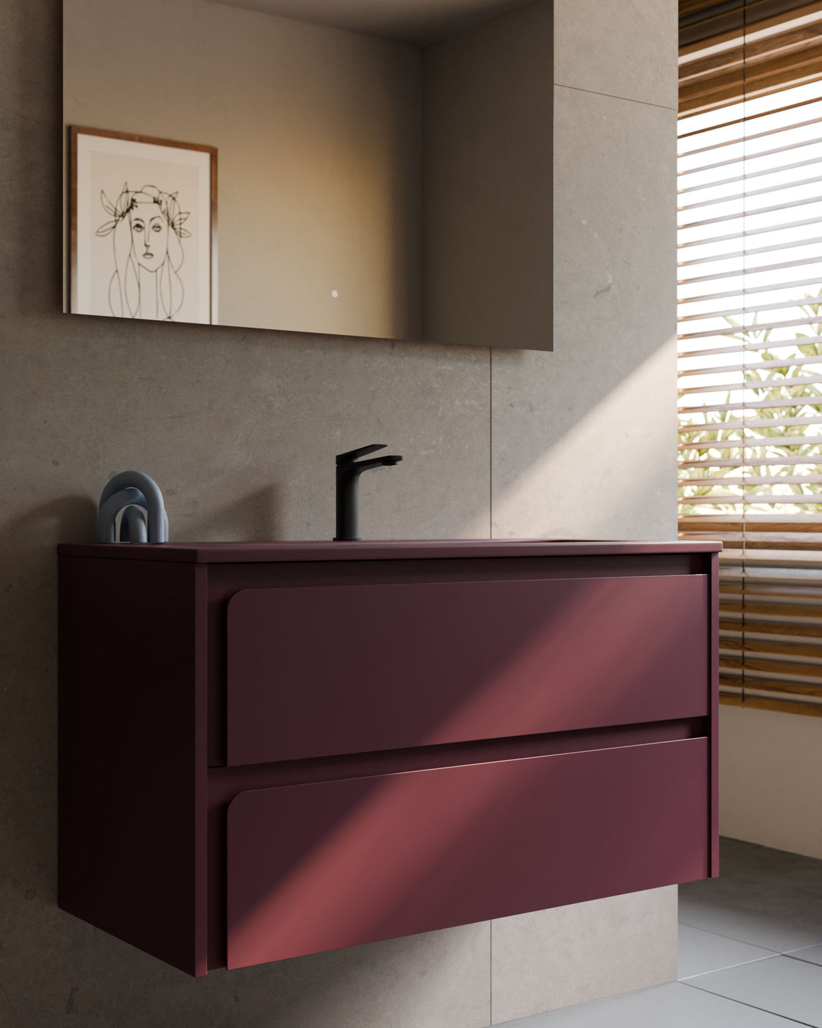 Cyra 2 tiroirs Bordeaux Bordeaux – avec plan vasque Meira Bordeaux, Tablier 2 cm, avec trou de robinet, gros plan