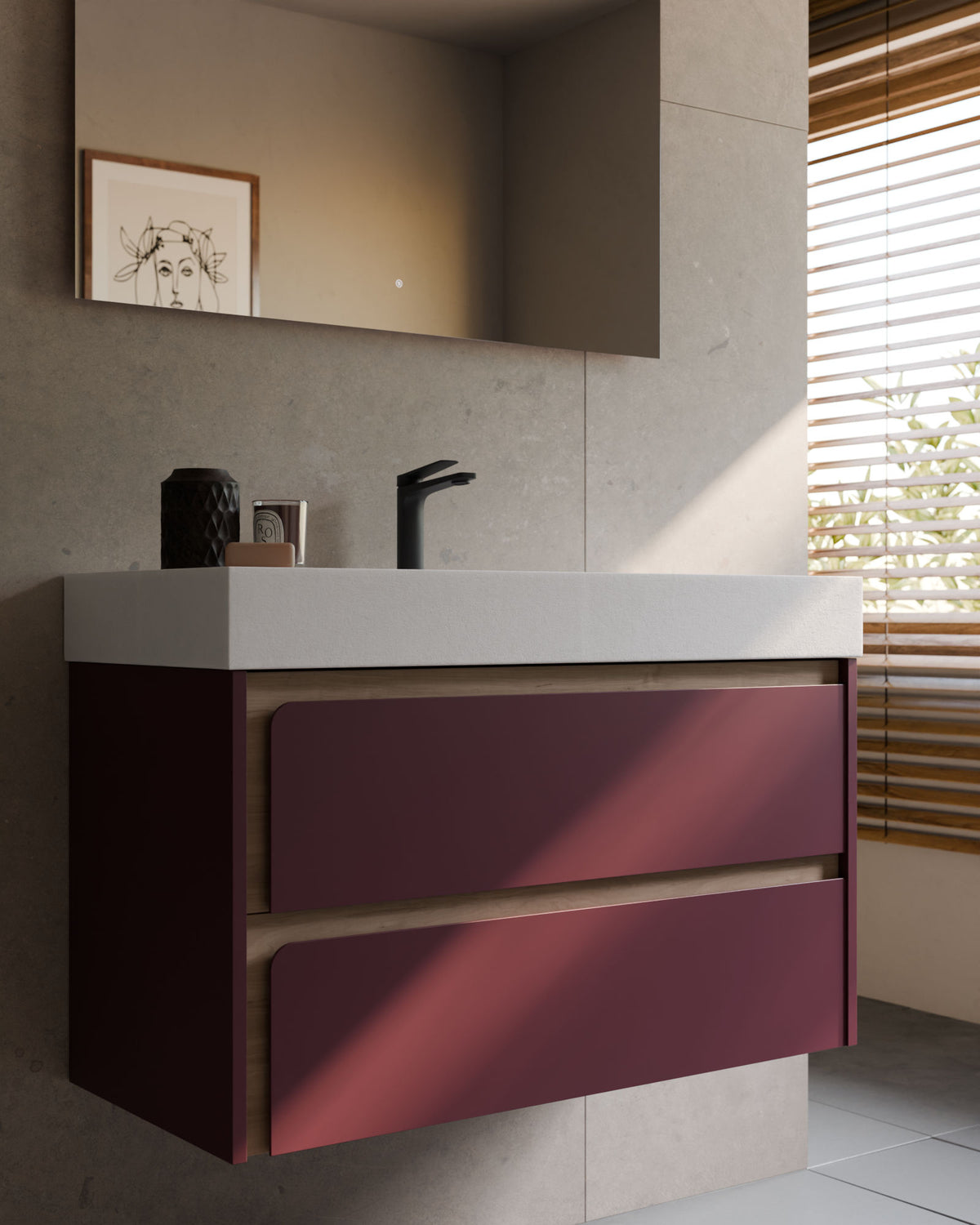Cyra 2 cajones burdeos roble marfil – con lavabo integrado Toren Blanco, Faldón 10 cm, con agujero de grifo, primer plano