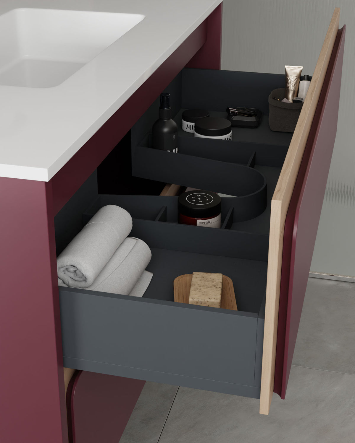 Cyra 2 cajones burdeos roble marfil – con lavabo integrado Toren Blanco, Faldón 10 cm, con agujero de grifo, vista del cajón