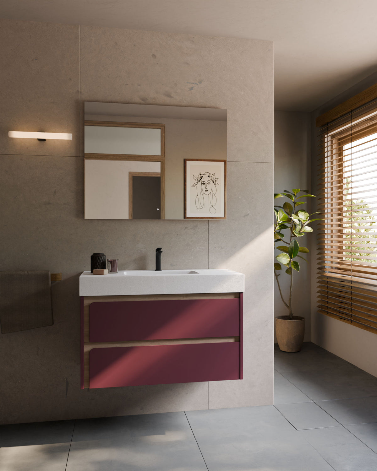 Cyra 2 cajones burdeos roble marfil – con lavabo integrado Toren Blanco, Faldón 10 cm, con agujero de grifo, vista frontal