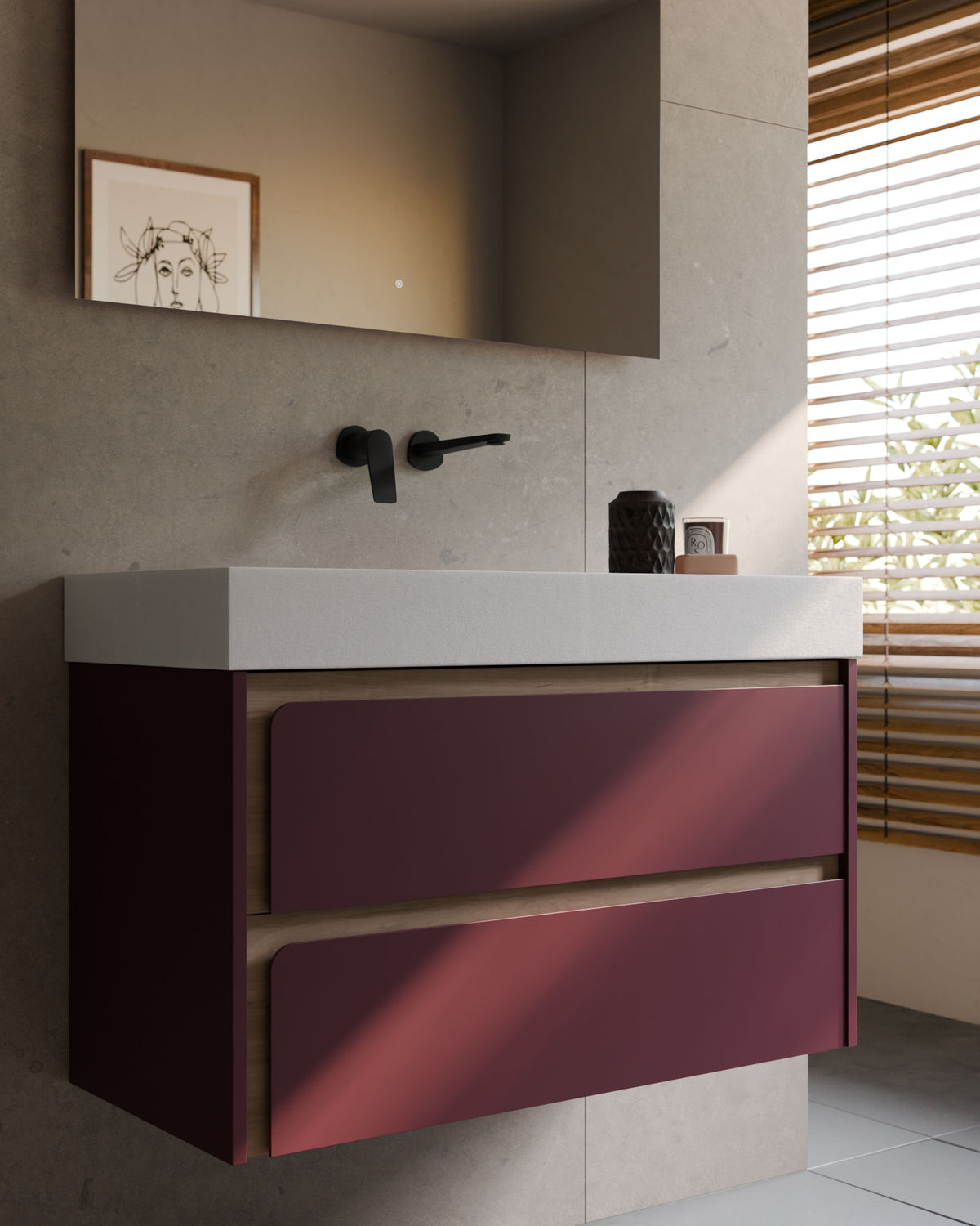 Cyra 2 cajones burdeos roble marfil – con lavabo integrado Toren Blanco, Faldón 10 cm, sin agujero de grifo, primer plano