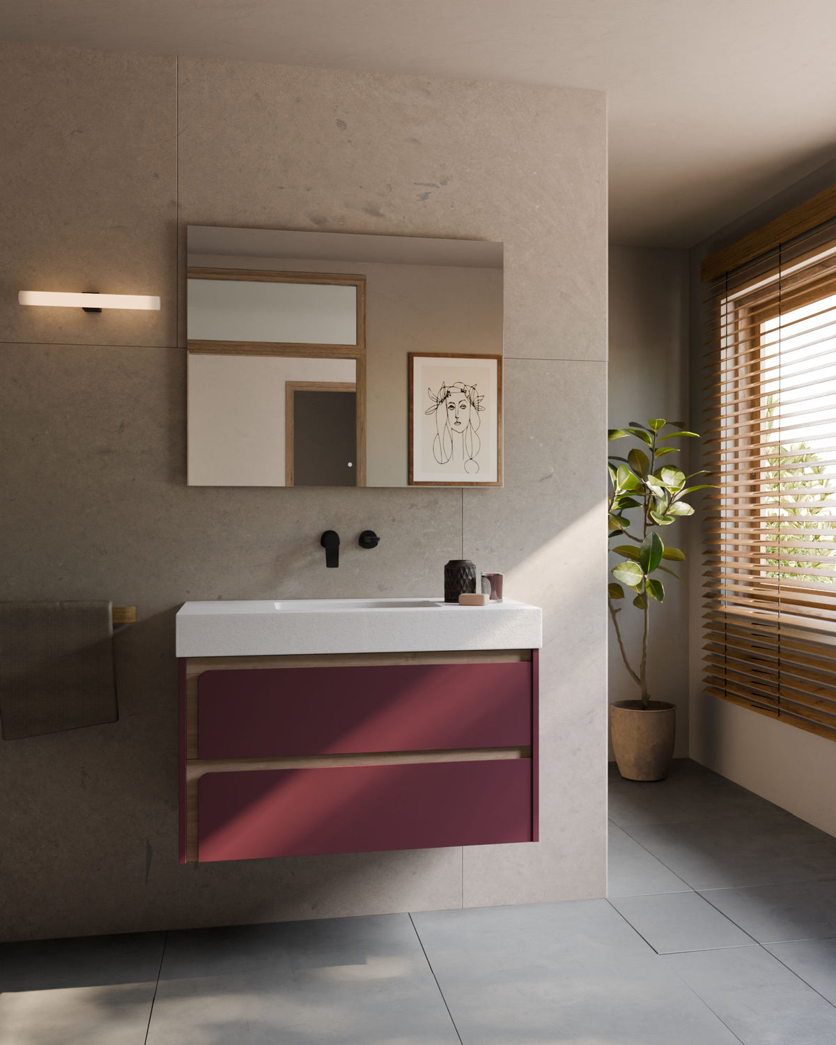 Cyra 2 cajones burdeos roble marfil – con lavabo integrado Toren Blanco, Faldón 10 cm, sin agujero de grifo, vista frontal