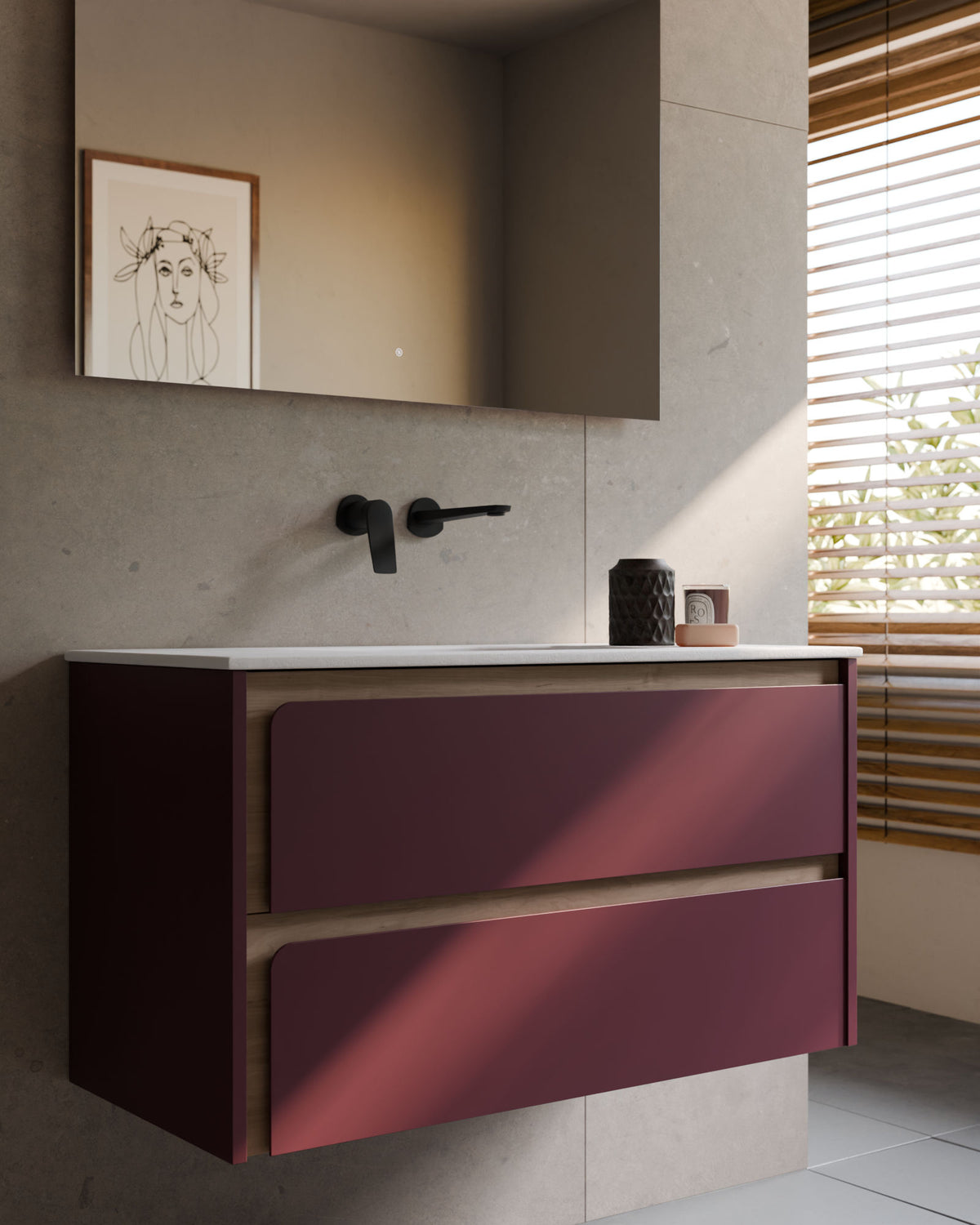 Cyra 2 cajones burdeos roble marfil – con lavabo integrado Toren Blanco, Faldón 2 cm, sin agujero de grifo, primer plano
