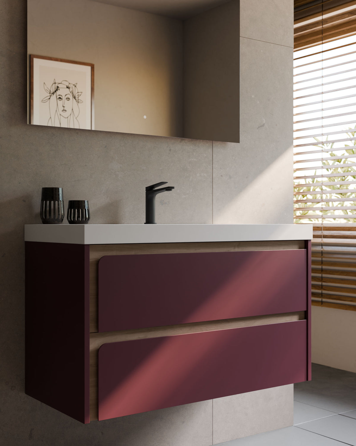 Cyra 2 cajones burdeos roble marfil – con lavabo integrado Ardelia Blanco, Faldón 6 cm, con agujero de grifo, primer plano