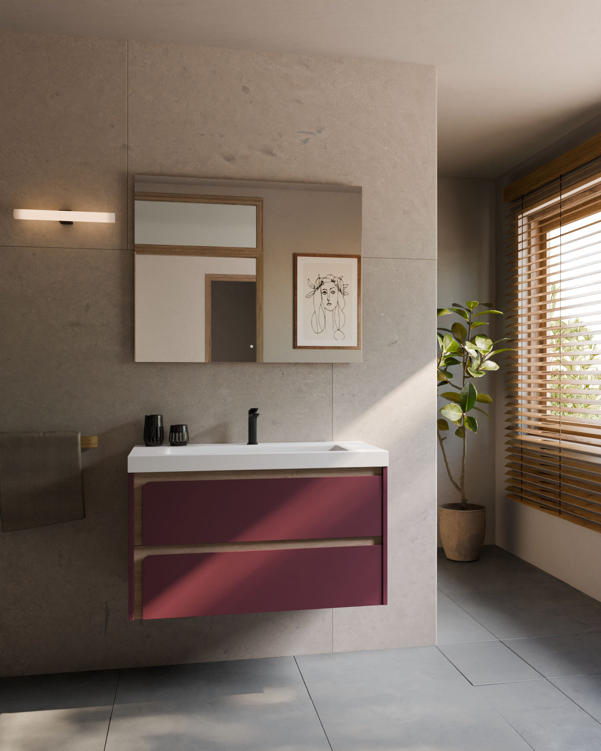 Cyra 2 cajones burdeos roble marfil – con lavabo integrado Ardelia Blanco, Faldón 6 cm, con agujero de grifo, vista frontal