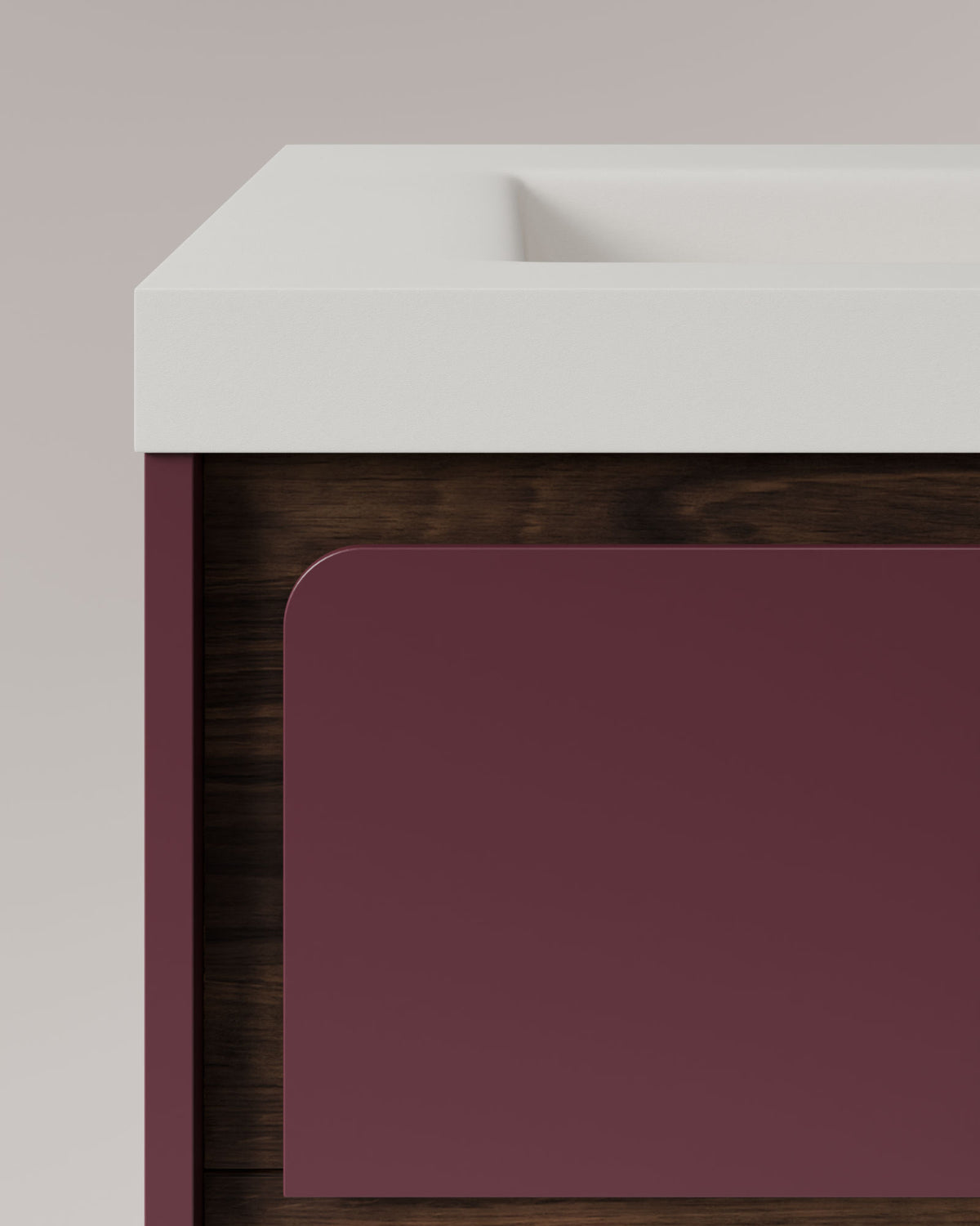 Cyra 2 Schubladen Bordeaux Nussbaum – mit Möbelwaschtisch Ardelia Weiß, Schürze 6 cm, mit Hahnloch, Detailansicht