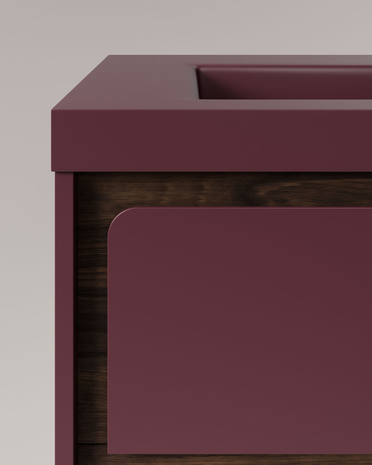Cyra 2 Schubladen Bordeaux Nussbaum – mit Möbelwaschtisch Ardelia Bordeaux, Schürze 6 cm, mit Hahnloch, Detailansicht