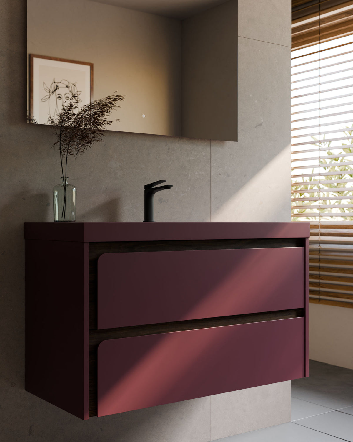Cyra 2 Schubladen Bordeaux Nussbaum – mit Möbelwaschtisch Ardelia Bordeaux, Schürze 6 cm, mit Hahnloch, Nahaufnahme