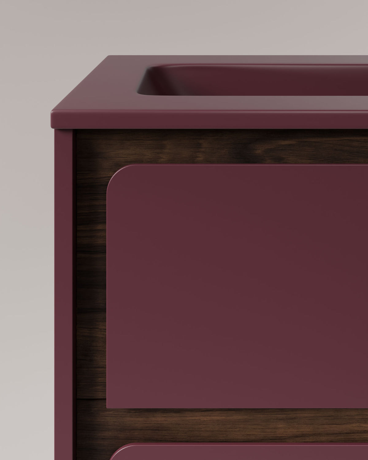 Cyra 2 Schubladen Bordeaux Nussbaum – mit Möbelwaschtisch Meira Bordeaux, Schürze 2 cm, ohne Hahnloch, Detailansicht