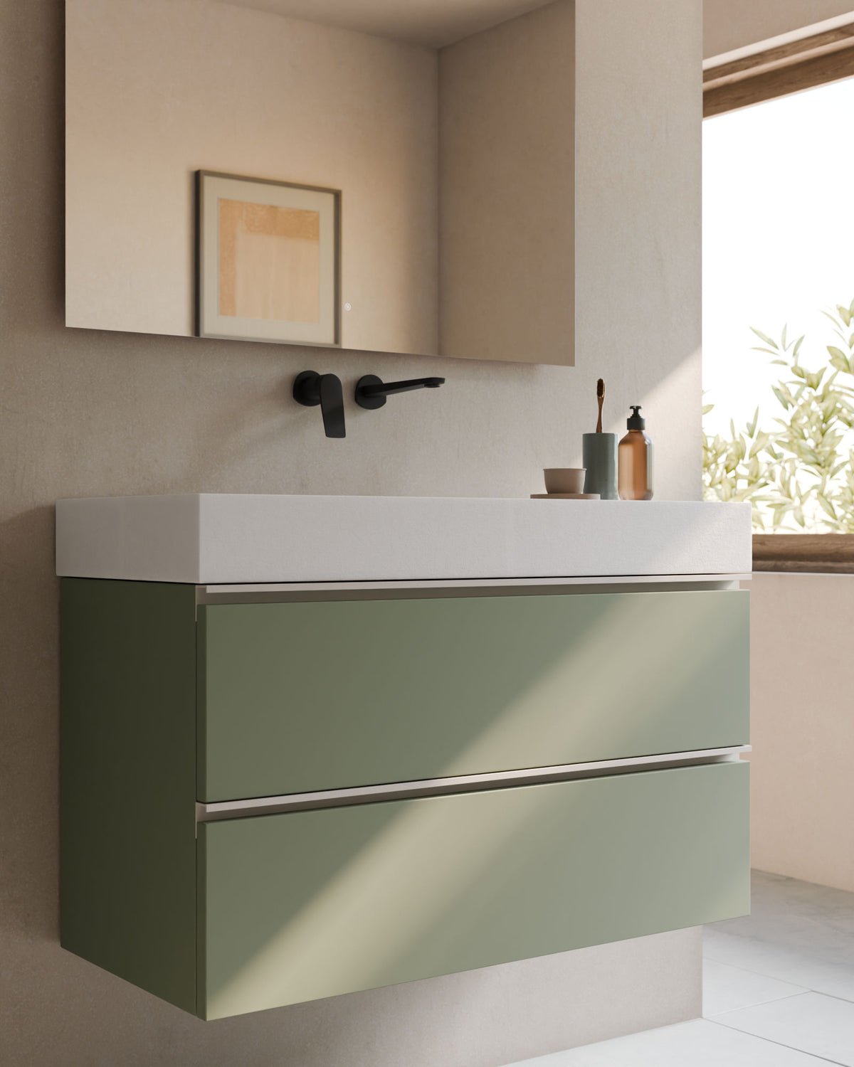 Ronda 2 cajones verde Kitami blanco – con lavabo integrado Toren Blanco, Faldón 10 cm, sin agujero de grifo, primer plano