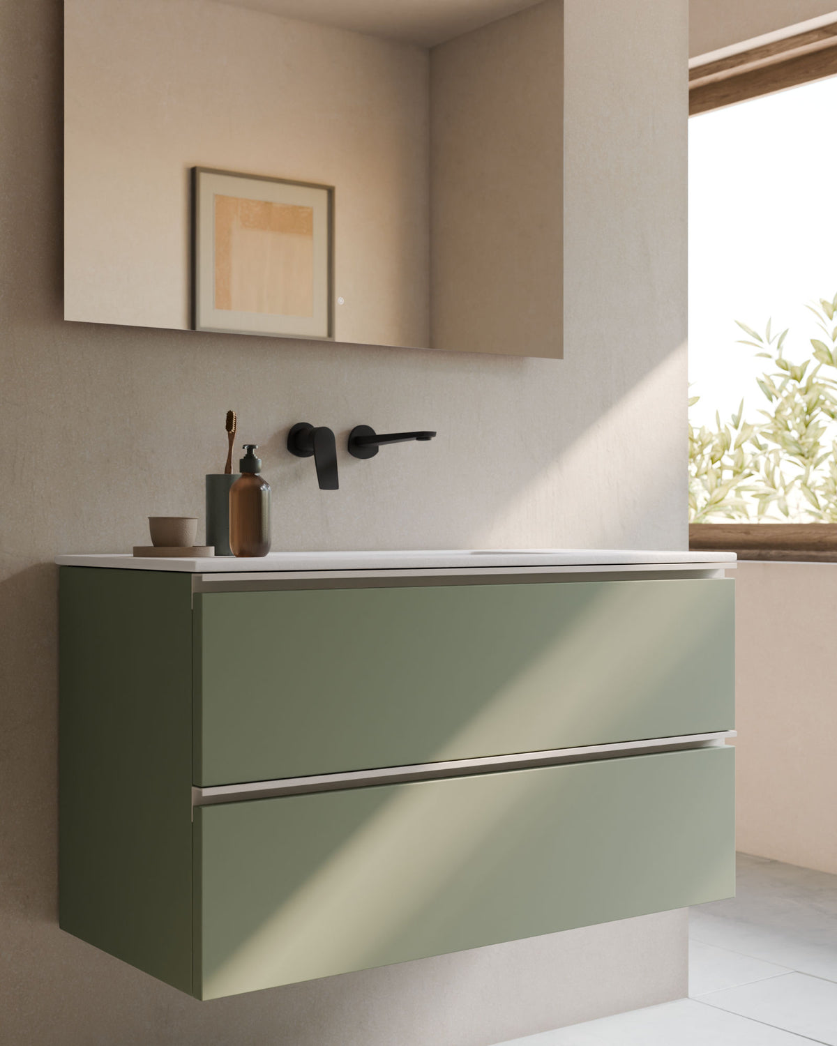 Ronda 2 cajones verde Kitami blanco – con lavabo integrado Toren Blanco, Faldón 2 cm, sin agujero de grifo, primer plano