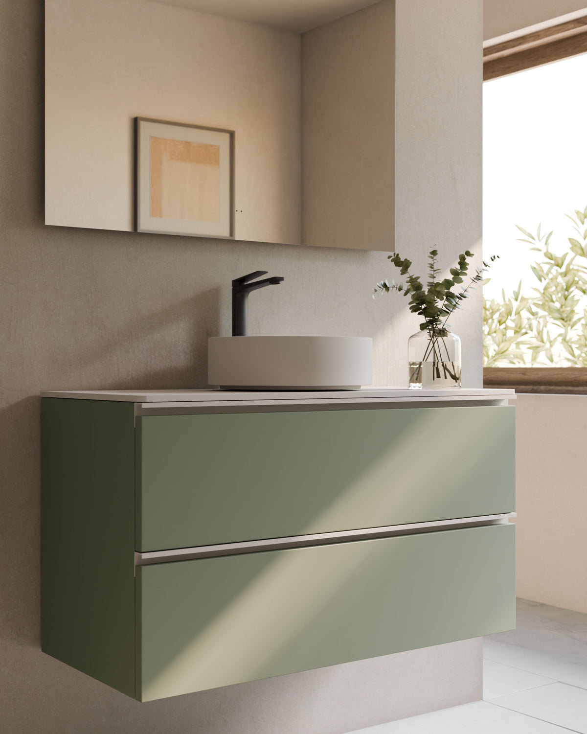 Ronda 2 cajones verde Kitami blanco – con encimera Blanco, primer plano