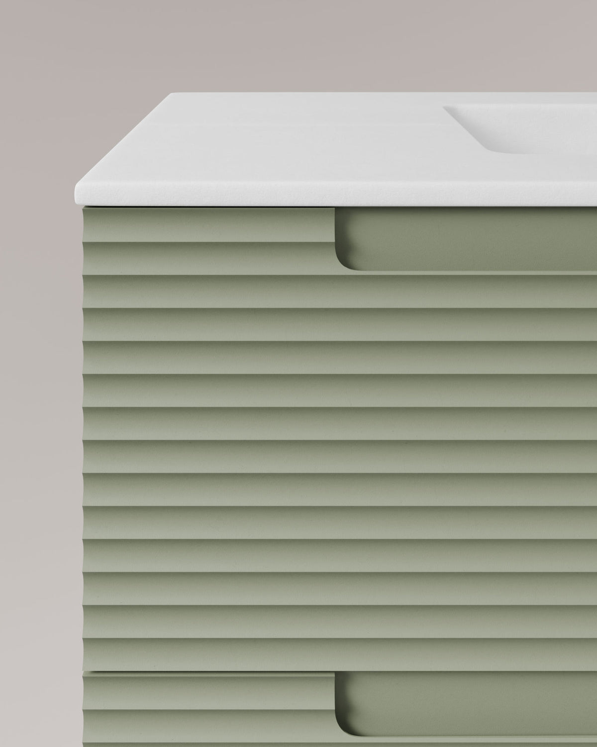 Kairo 2 tiroirs kitami vert – avec plan vasque Toren Blanc, Tablier 2 cm, sans trou de robinet, vue de détail