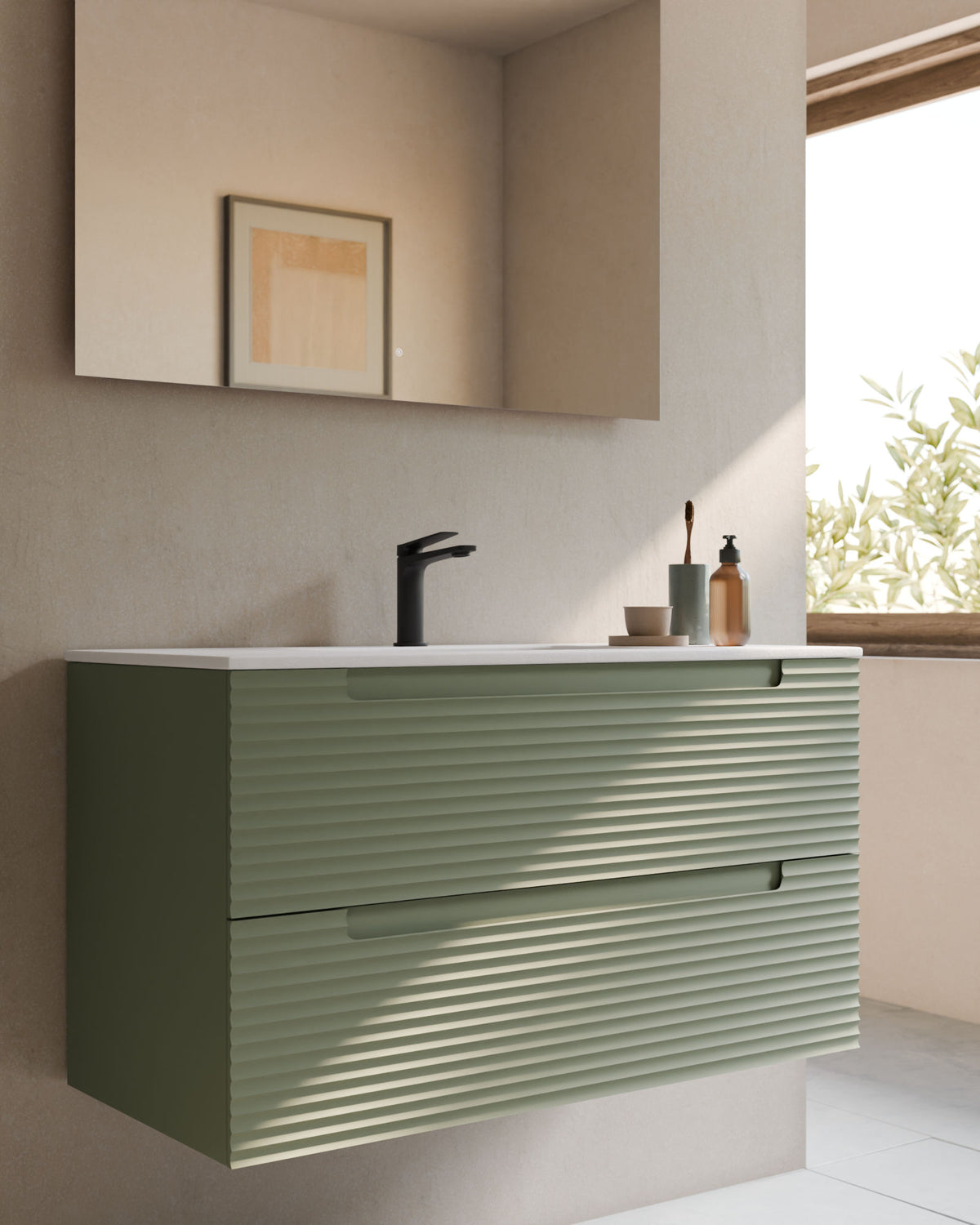 Kairo 2 tiroirs kitami vert – avec plan vasque Toren Blanc, Tablier 2 cm, avec trou de robinet, gros plan
