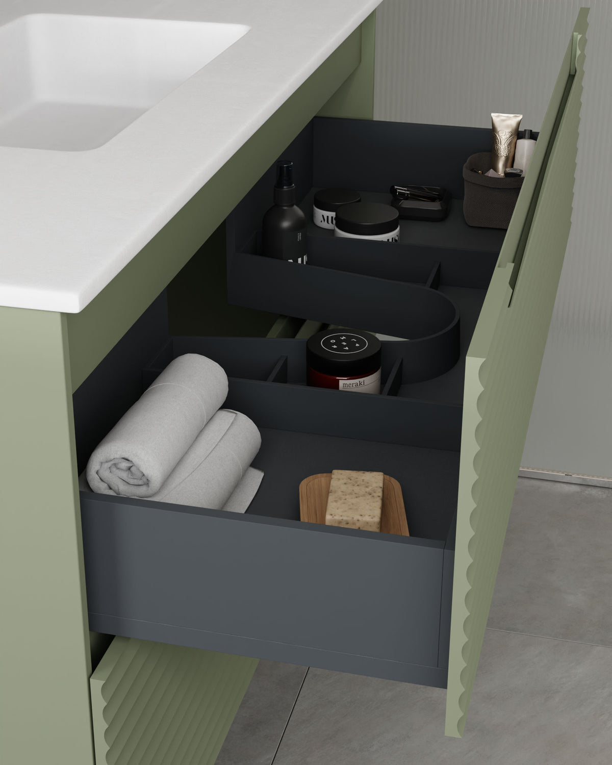 Kairo 2 tiroirs kitami vert – avec plan vasque Toren Blanc, Tablier 2 cm, sans trou de robinet, vue du tiroir