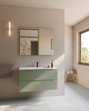 Kairo 2 tiroirs kitami vert – avec plan vasque Toren Blanc, Tablier 2 cm, avec trou de robinet, vue de face