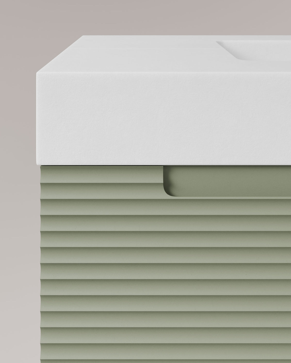 Kairo 2 tiroirs kitami vert – avec plan vasque Toren Blanc, Tablier 10 cm, sans trou de robinet, vue de détail