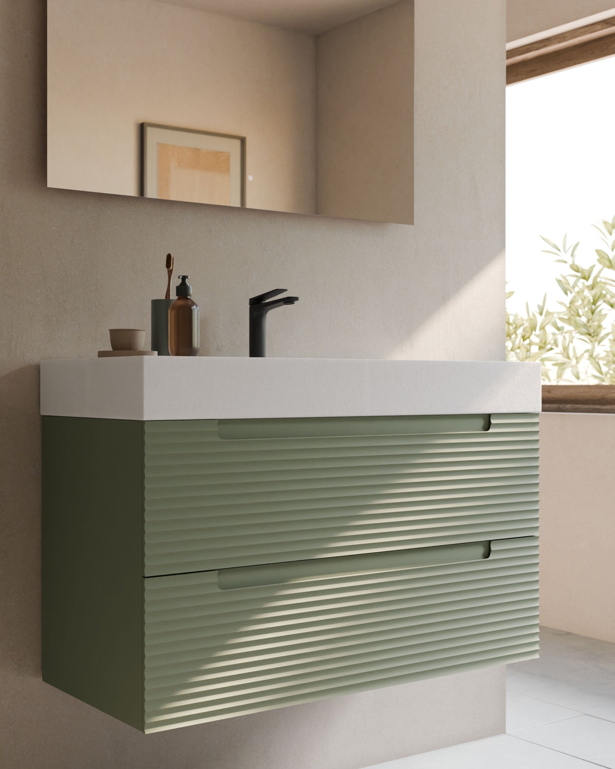 Kairo 2 tiroirs kitami vert – avec plan vasque Toren Blanc, Tablier 10 cm, avec trou de robinet, gros plan