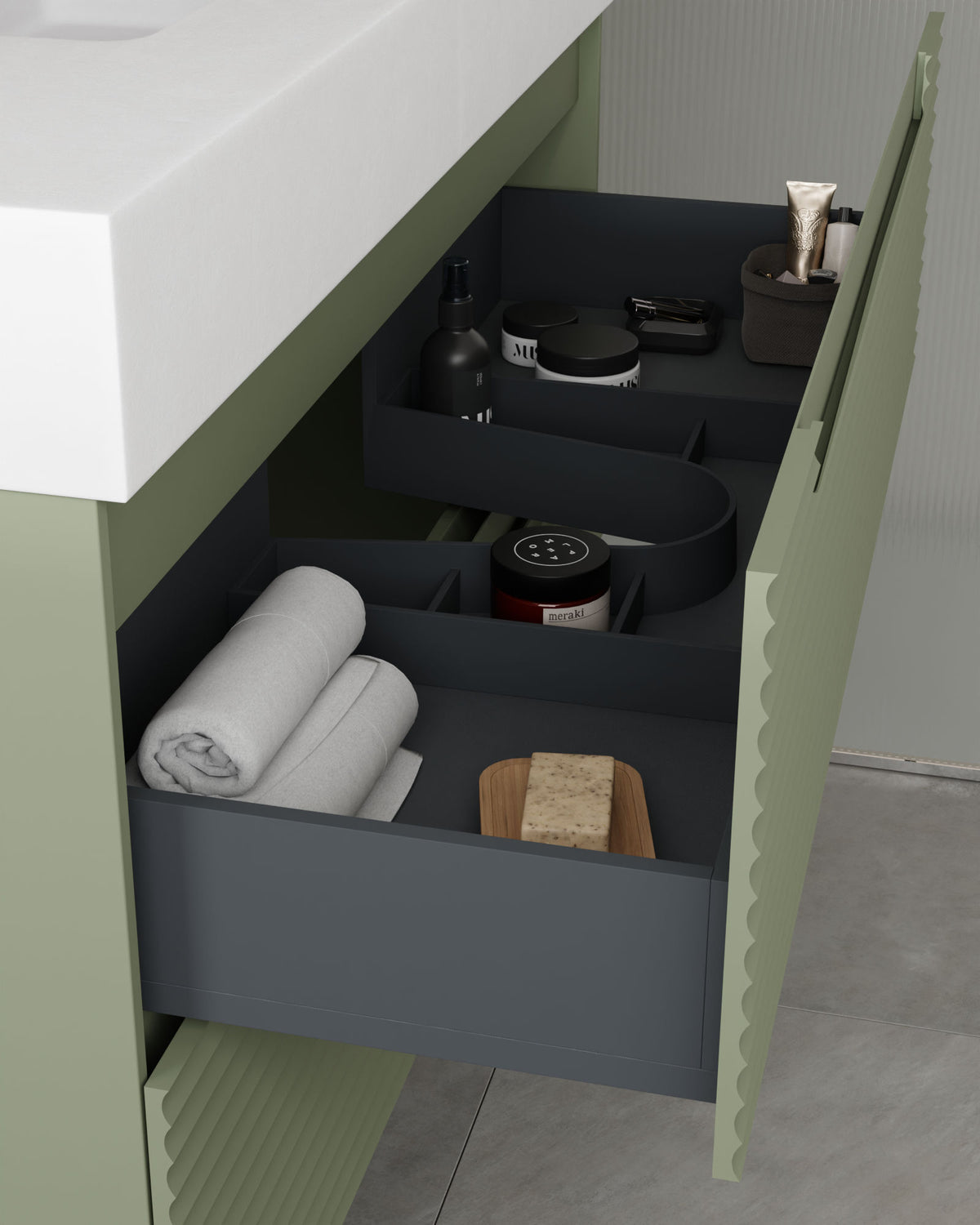 Kairo 2 tiroirs kitami vert – avec plan vasque Toren Blanc, Tablier 10 cm, sans trou de robinet, vue du tiroir