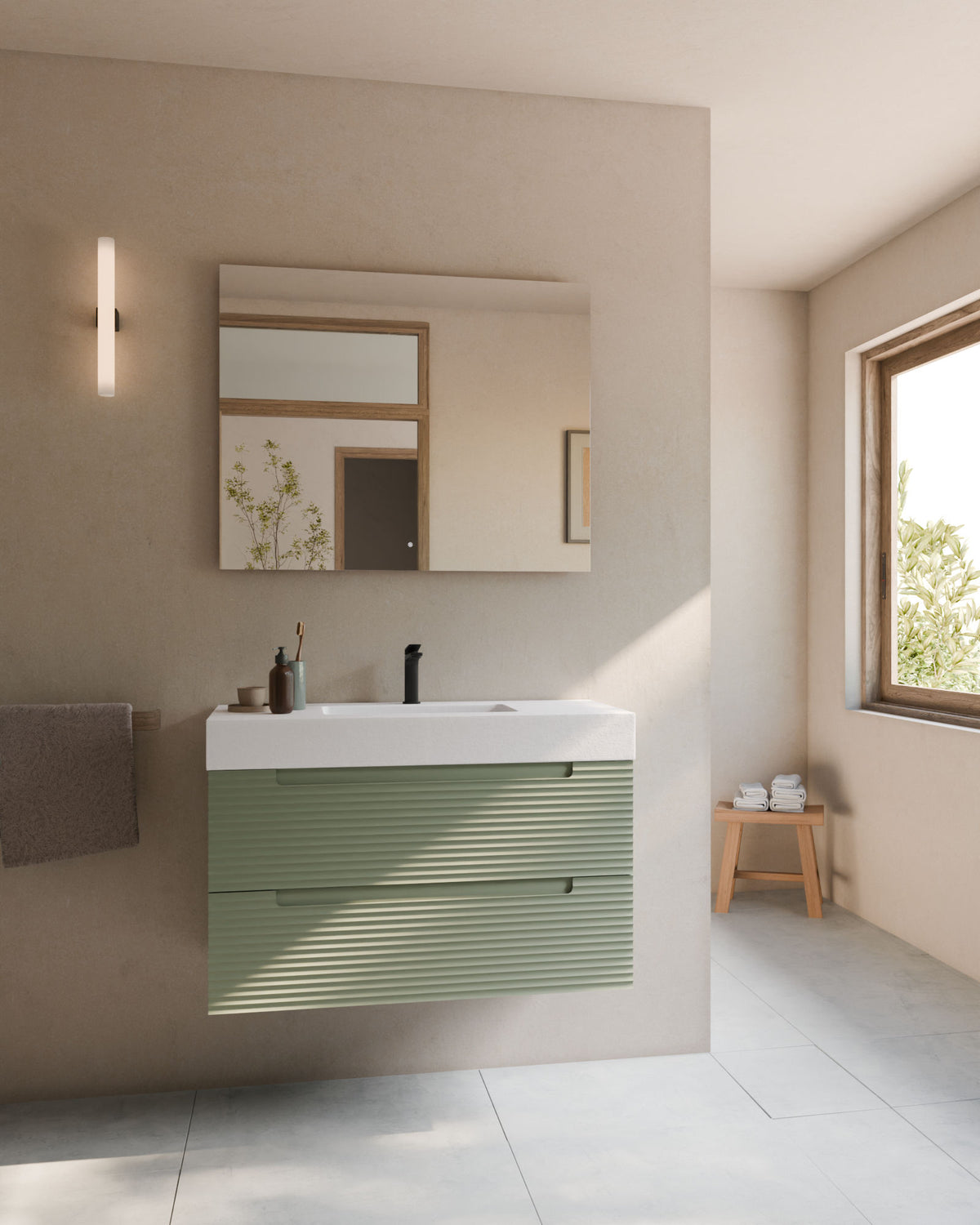 Kairo 2 tiroirs kitami vert – avec plan vasque Toren Blanc, Tablier 10 cm, avec trou de robinet, vue de face