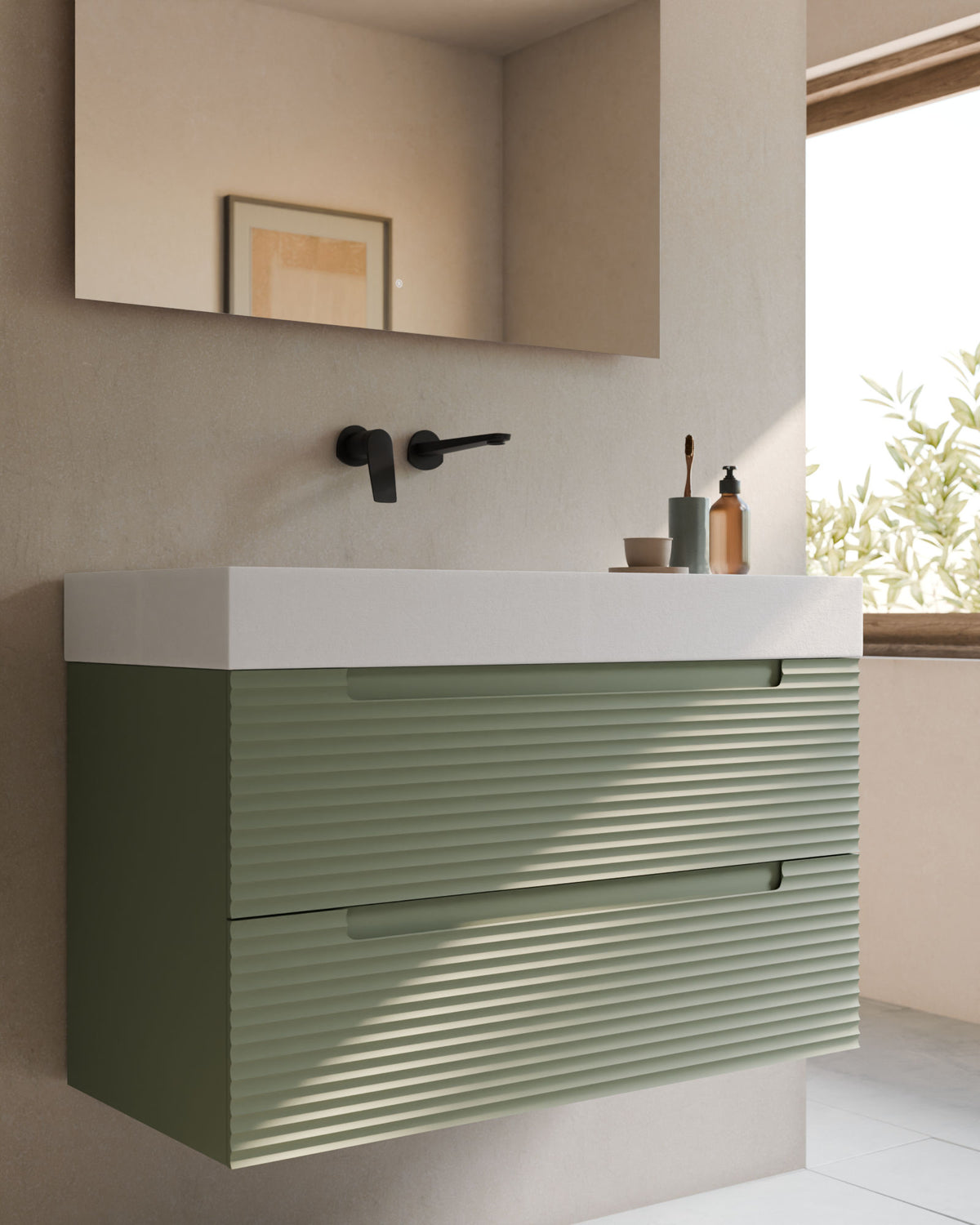 Kairo 2 tiroirs kitami vert – avec plan vasque Toren Blanc, Tablier 10 cm, sans trou de robinet, gros plan