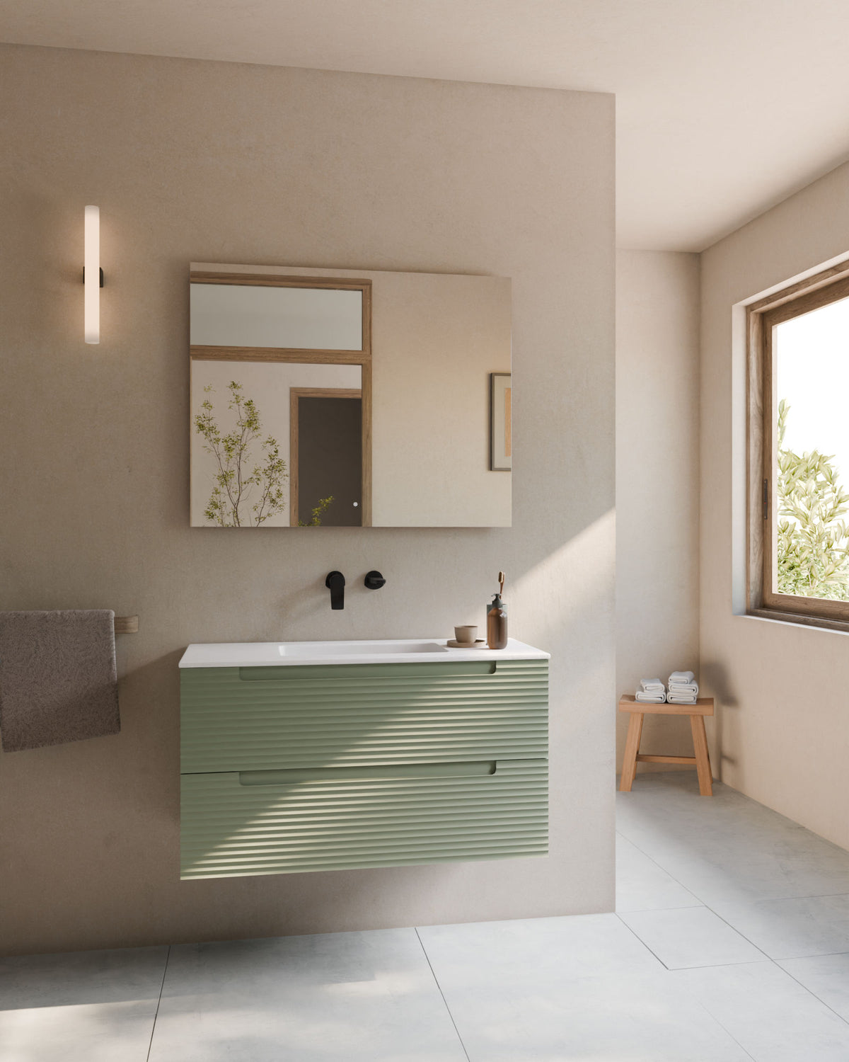 Kairo 2 tiroirs kitami vert – avec plan vasque Toren Blanc, Tablier 2 cm, sans trou de robinet, vue de face