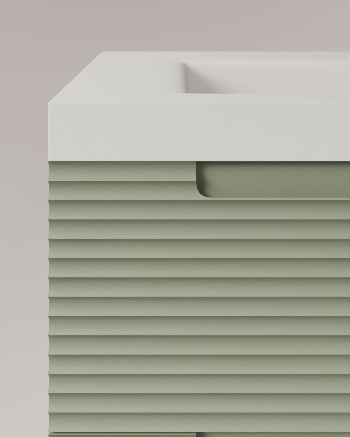 Kairo 2 tiroirs kitami vert – avec plan vasque Ardelia Blanc, Tablier 6 cm, avec trou de robinet, vue de détail