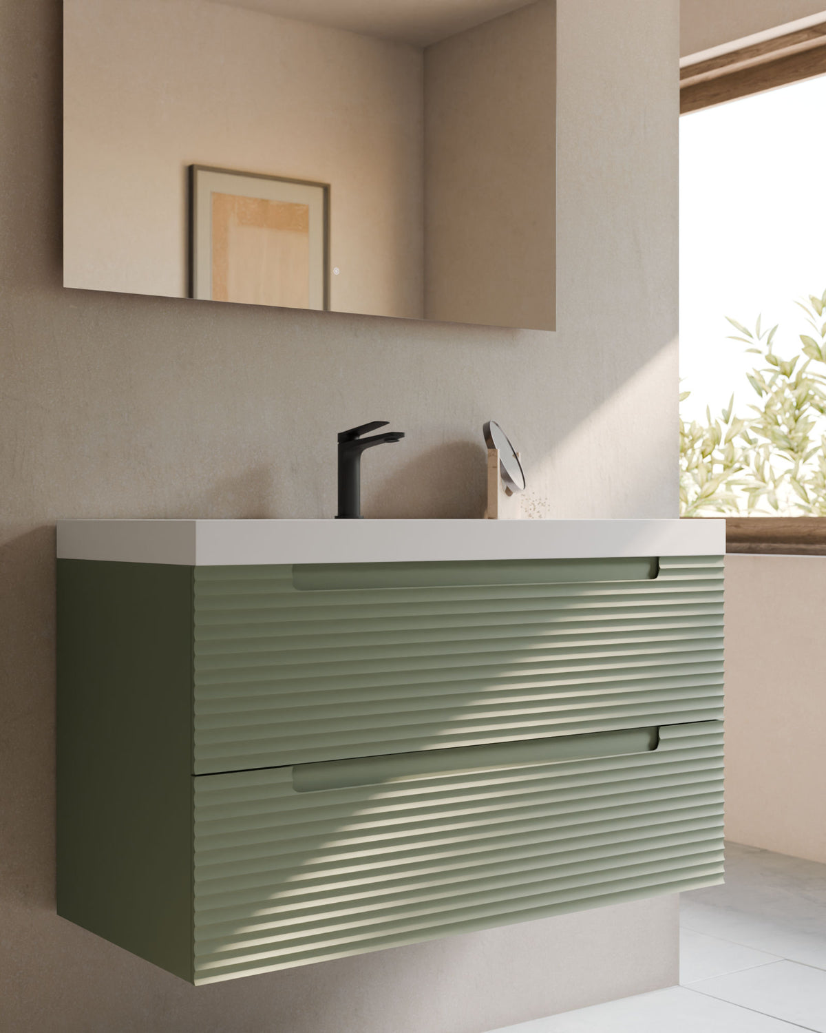 Kairo 2 tiroirs kitami vert – avec plan vasque Ardelia Blanc, Tablier 6 cm, avec trou de robinet, gros plan