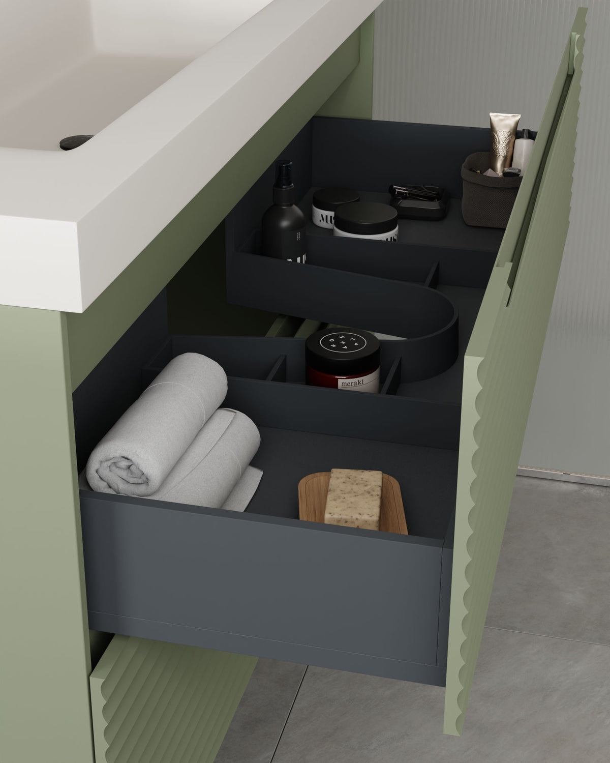 Kairo 2 tiroirs kitami vert – avec plan vasque Ardelia Blanc, Tablier 6 cm, avec trou de robinet, vue du tiroir