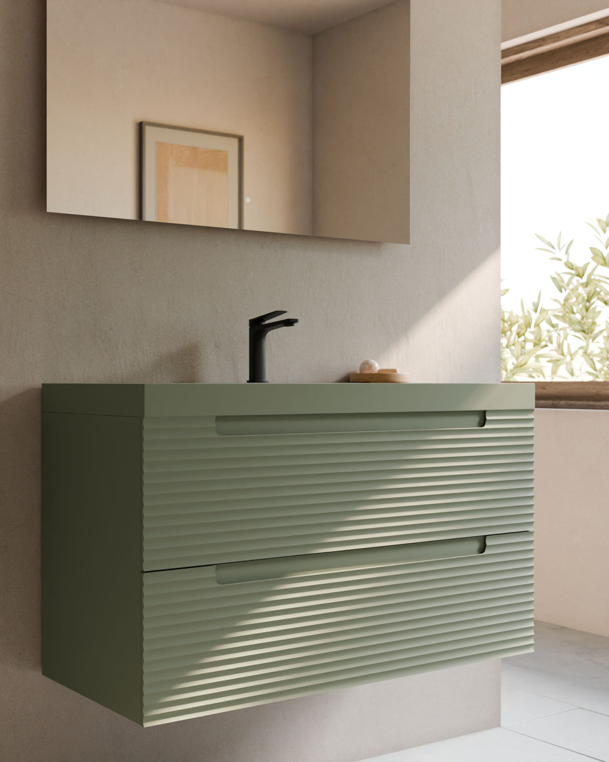 Kairo 2 tiroirs kitami vert – avec plan vasque Ardelia Vert Kitami, Tablier 6 cm, avec trou de robinet, gros plan