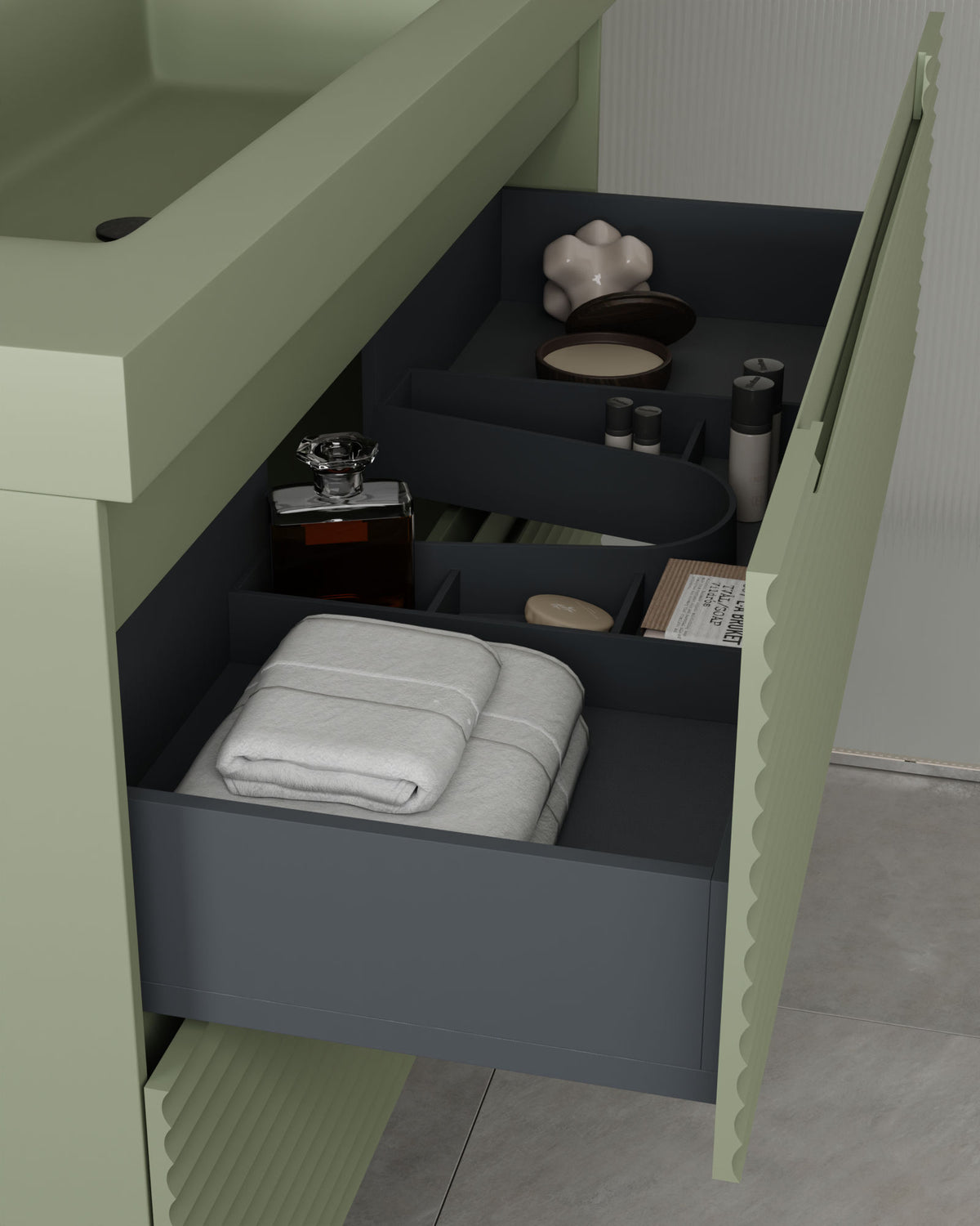 Kairo 2 tiroirs kitami vert – avec plan vasque Ardelia Vert Kitami, Tablier 6 cm, avec trou de robinet, vue du tiroir