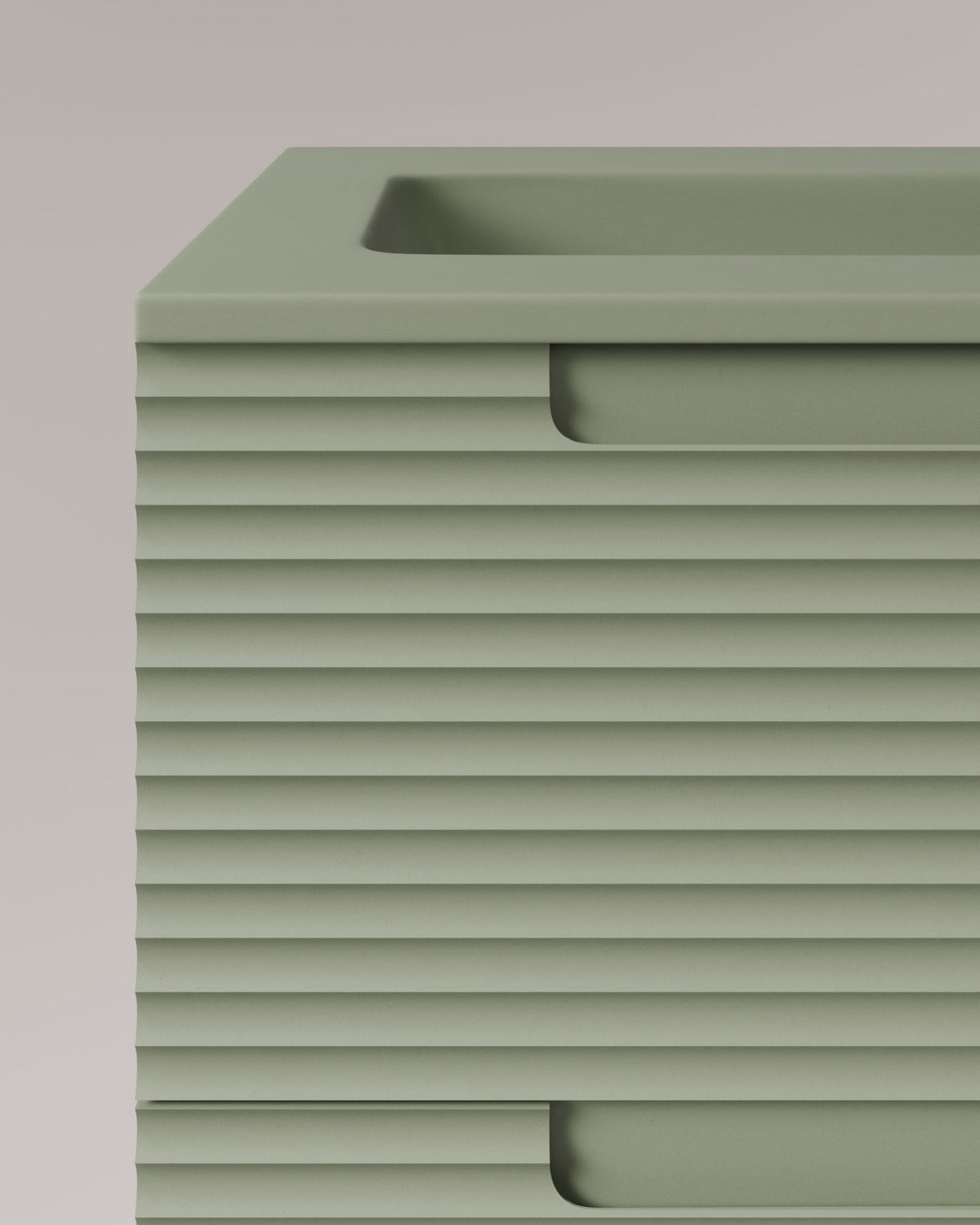 Kairo 2 tiroirs kitami vert – avec plan vasque Meira Vert Kitami, Tablier 2 cm, sans trou de robinet, vue de détail