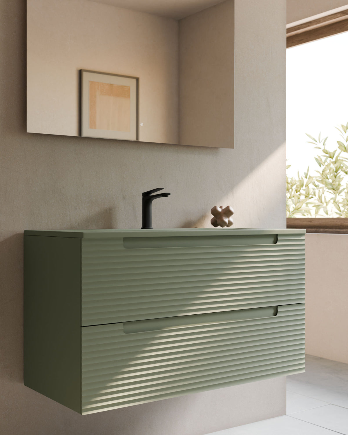 Kairo 2 tiroirs kitami vert – avec plan vasque Meira Vert Kitami, Tablier 2 cm, avec trou de robinet, gros plan