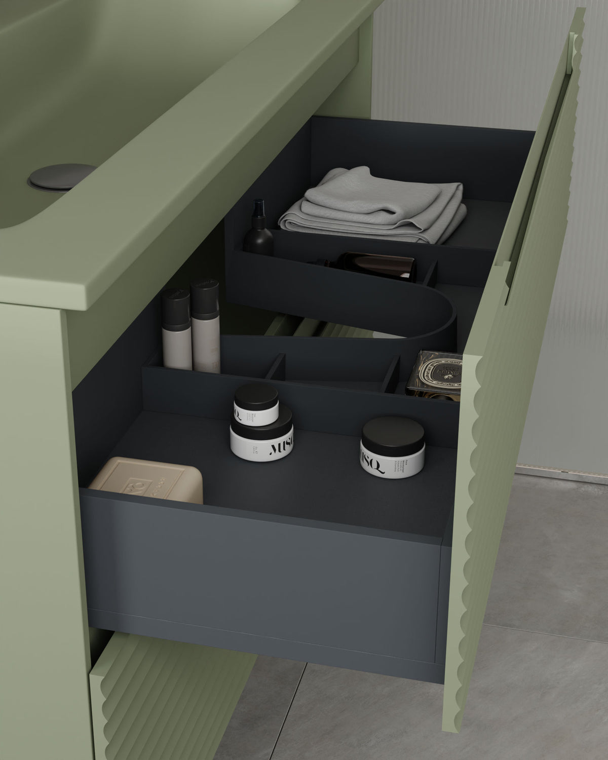 Kairo 2 tiroirs kitami vert – avec plan vasque Meira Vert Kitami, Tablier 2 cm, avec trou de robinet, vue du tiroir