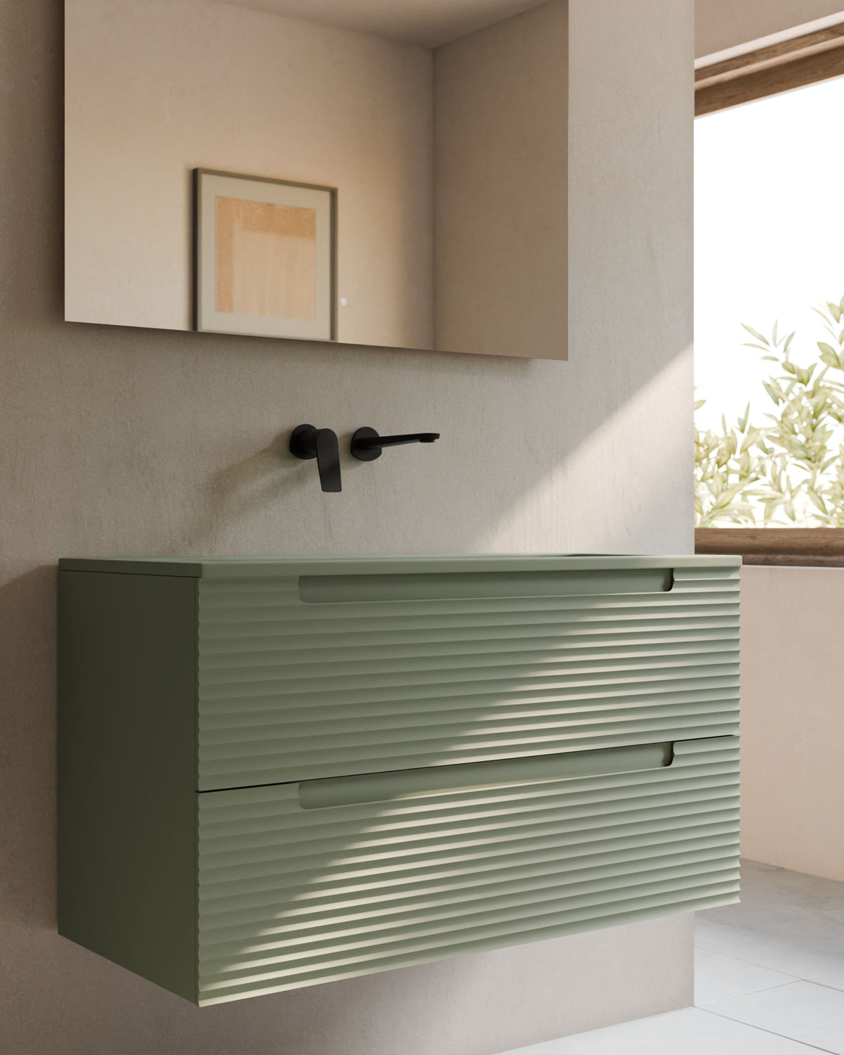 Kairo 2 tiroirs kitami vert – avec plan vasque Meira Vert Kitami, Tablier 2 cm, sans trou de robinet, gros plan