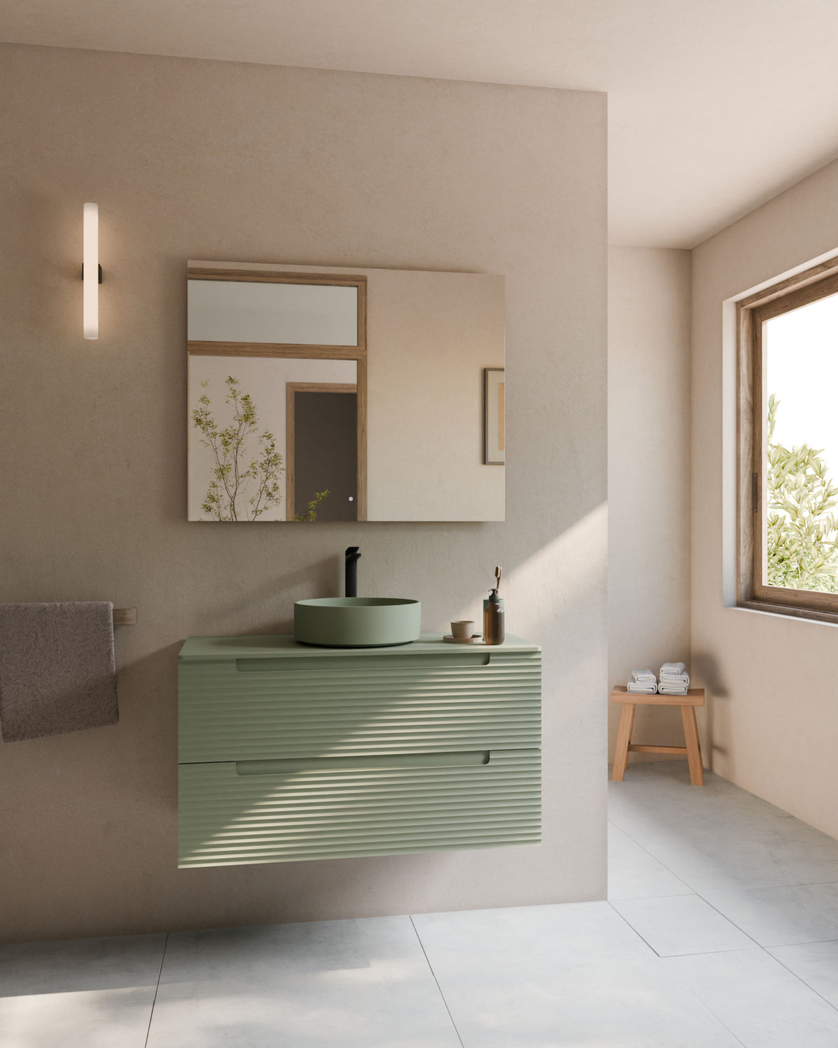 Kairo 2 tiroirs kitami vert – avec plan de travail Vert Kitami, vue de face