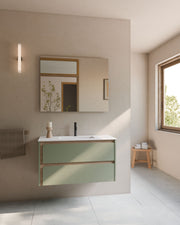 Cyra 2 cajones verde Kitami - roble marfil – con lavabo integrado Toren Blanco, Faldón 2 cm, con agujero de grifo, vista frontal