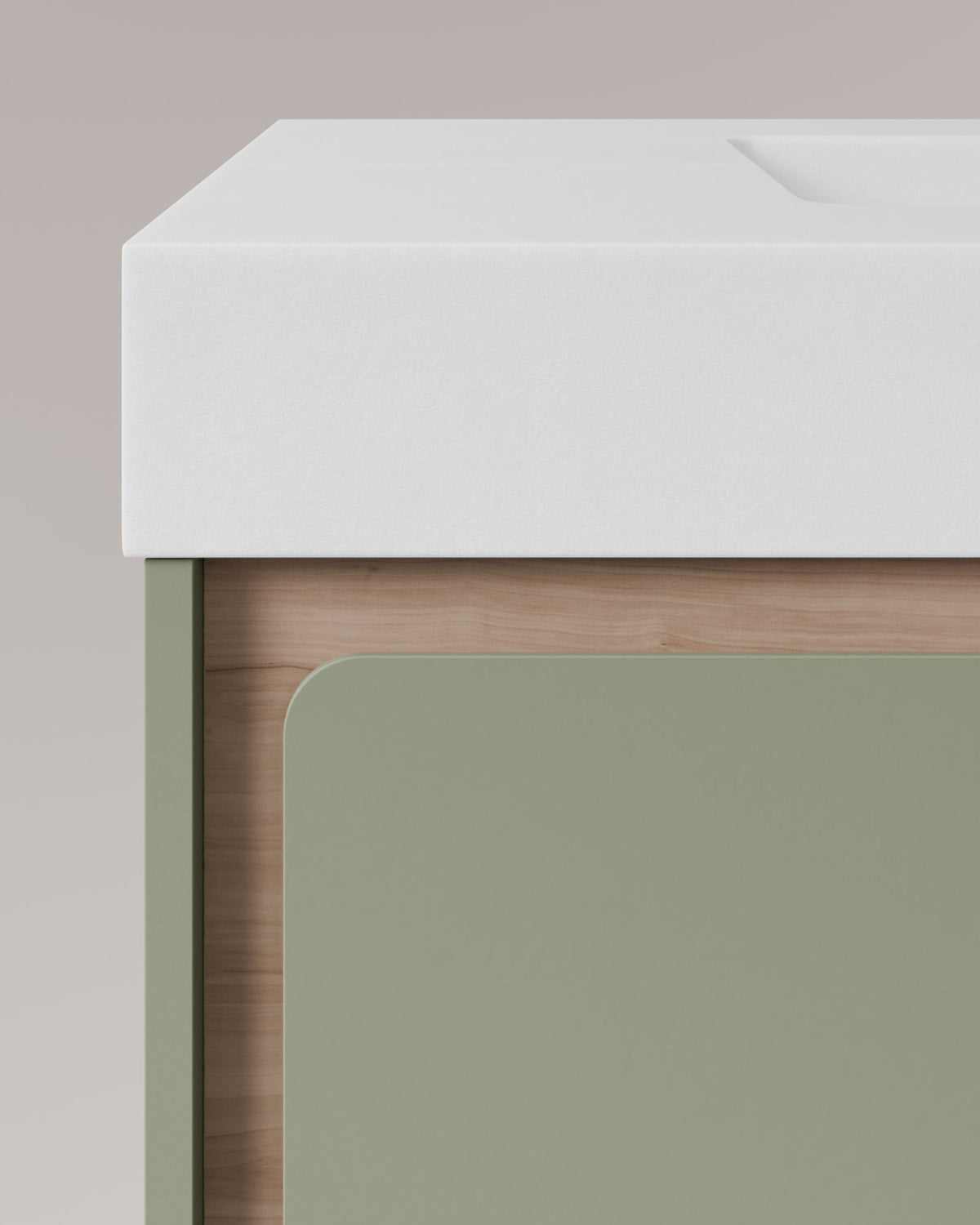 Cyra 2 cajones verde Kitami - roble marfil – con lavabo integrado Toren Blanco, Faldón 10 cm, con agujero de grifo, vista de detalle