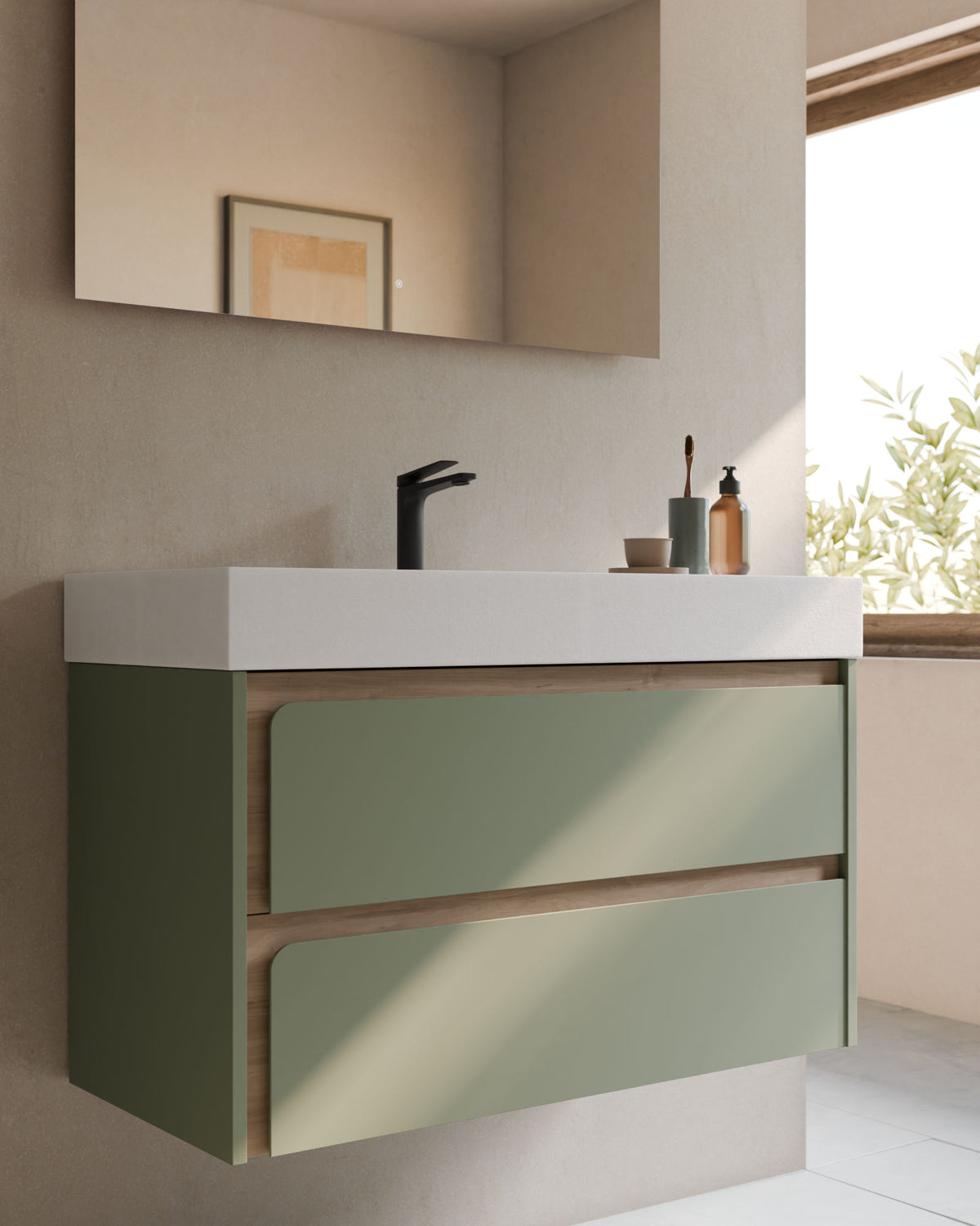 Cyra 2 cajones verde Kitami - roble marfil – con lavabo integrado Toren Blanco, Faldón 10 cm, con agujero de grifo, primer plano
