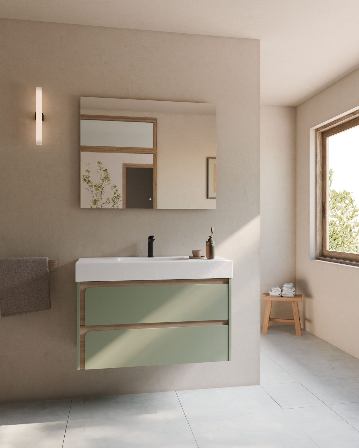 Cyra 2 cajones verde Kitami - roble marfil – con lavabo integrado Toren Blanco, Faldón 10 cm, con agujero de grifo, vista frontal